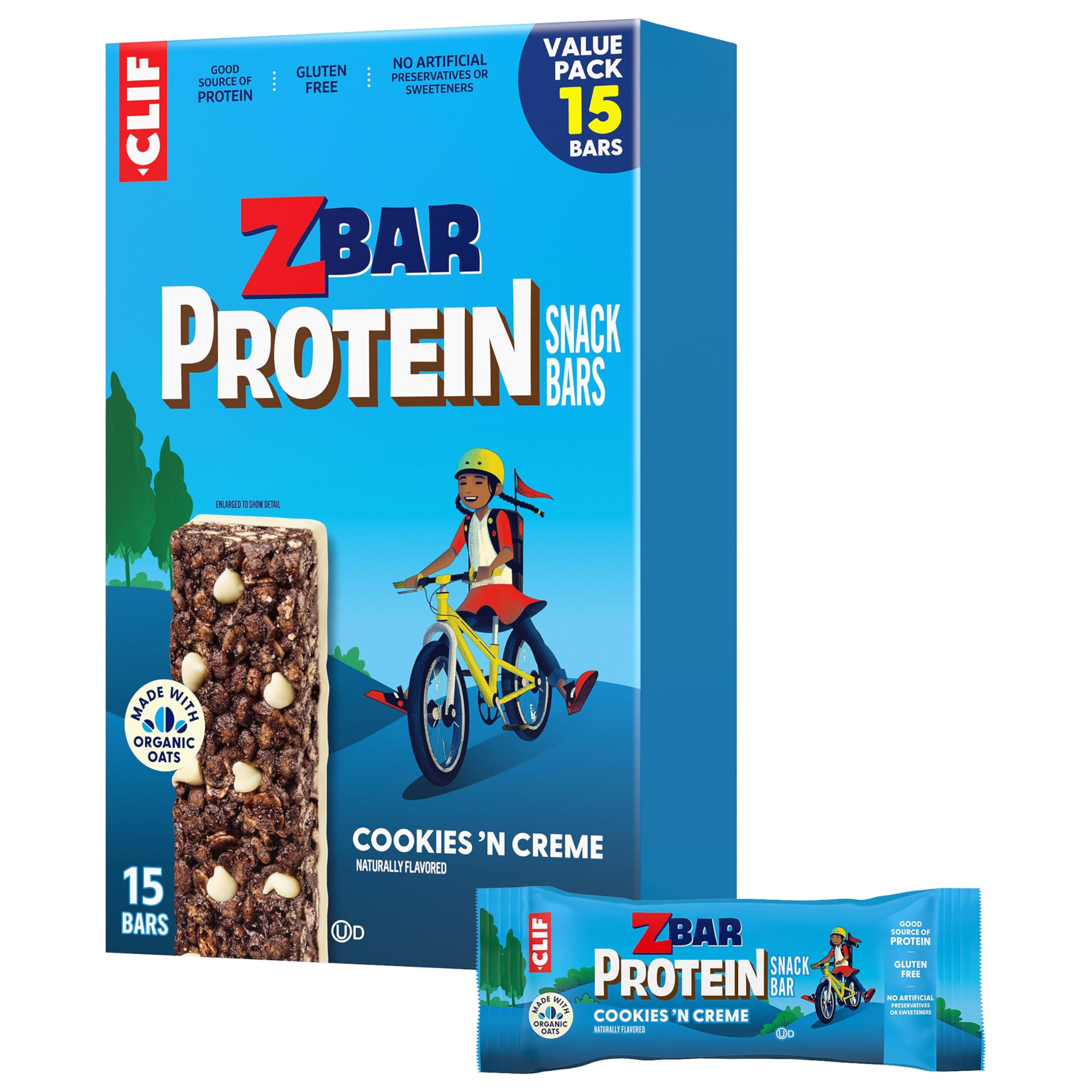 Clif Kid ZBar frente del empaque mostrando paquete de 15 unidades y facilidad de almacenamiento