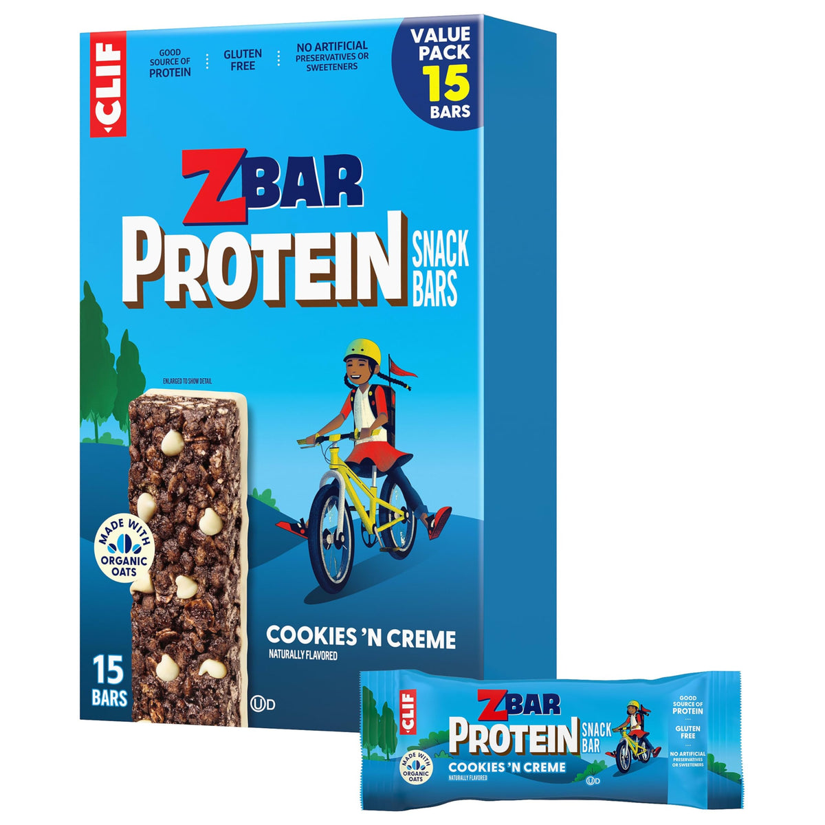 Clif Kid ZBar frente del empaque mostrando paquete de 15 unidades y facilidad de almacenamiento