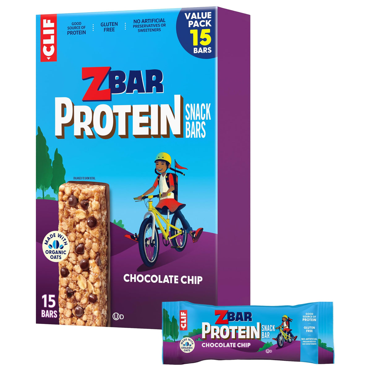 Clif Kid ZBar frente del paquete mostrando 15 barras conveniente
