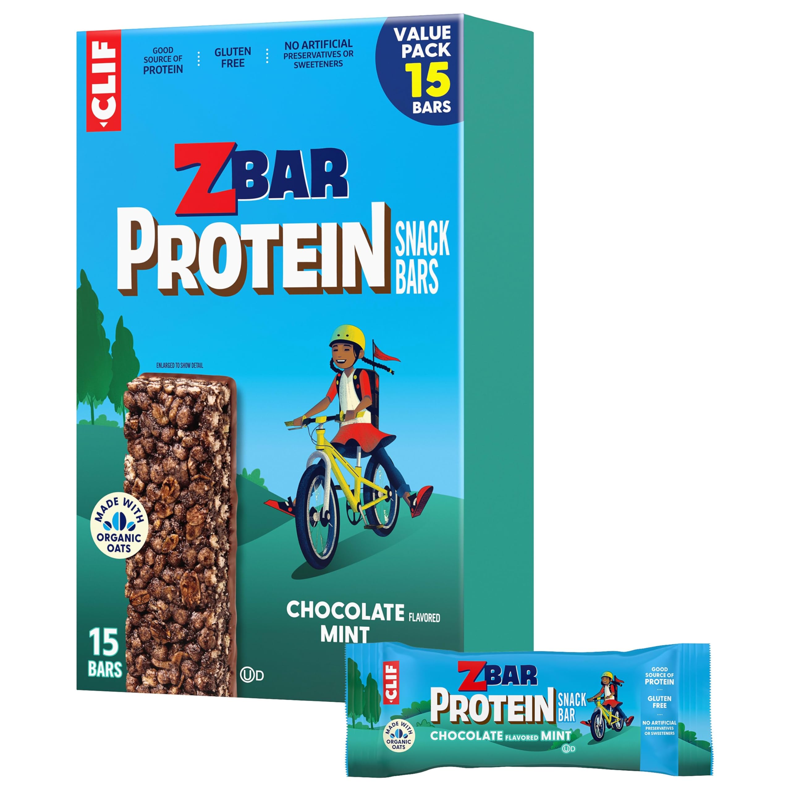 Clif Kid ZBar frente del empaque mostrando sabor chocolate menta y beneficio práctico