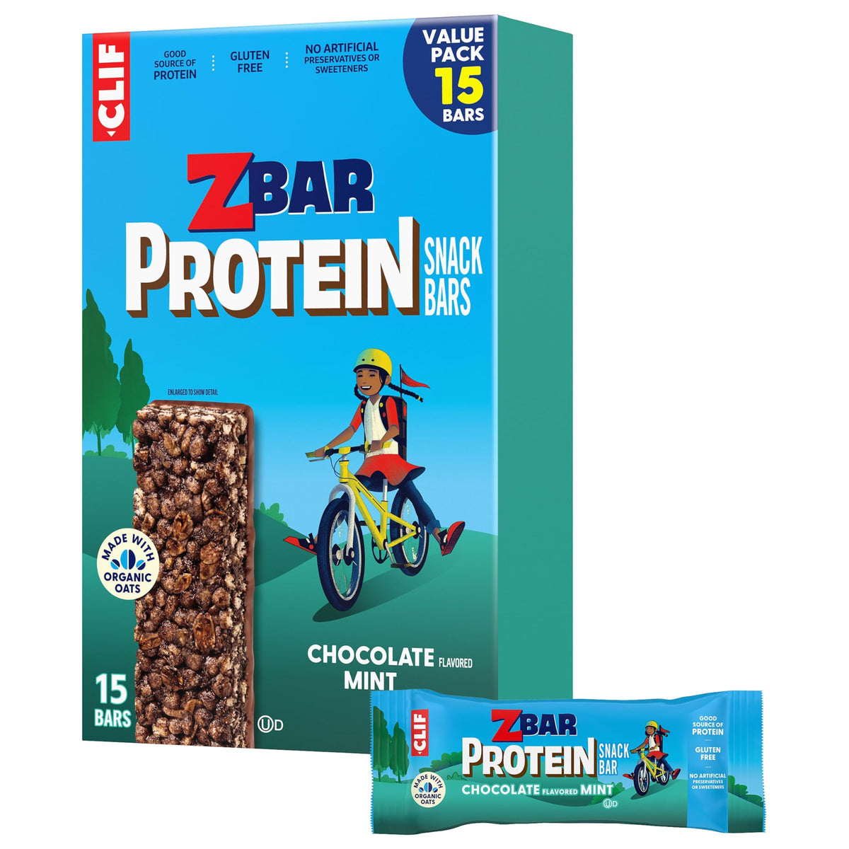 Clif Kid ZBar frente del empaque mostrando sabor chocolate menta y beneficio práctico
