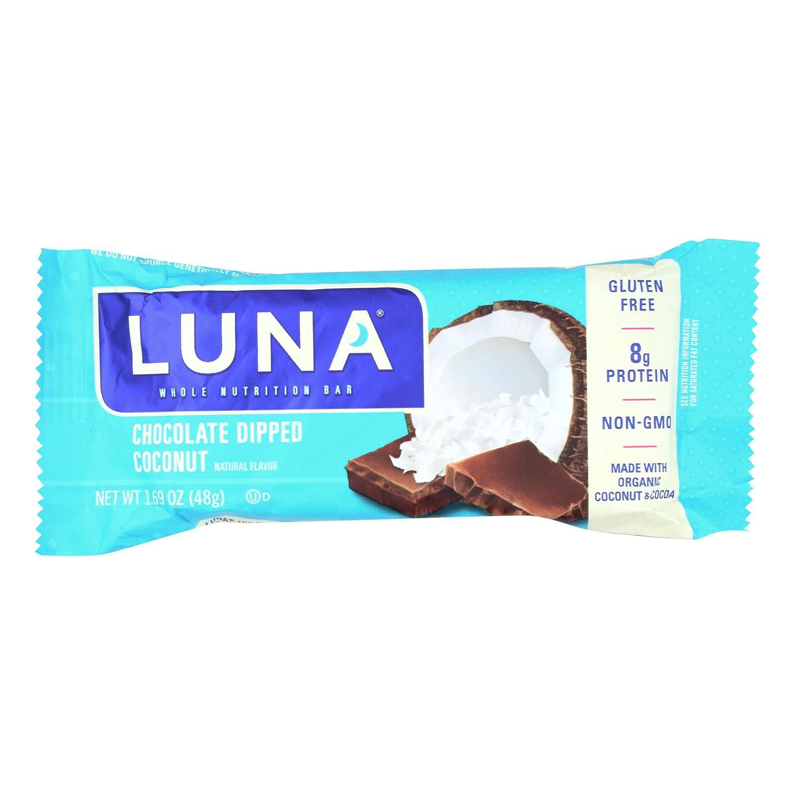 CLIF Bar Luna frontal del paquete mostrando chocolate y marca para snack práctico