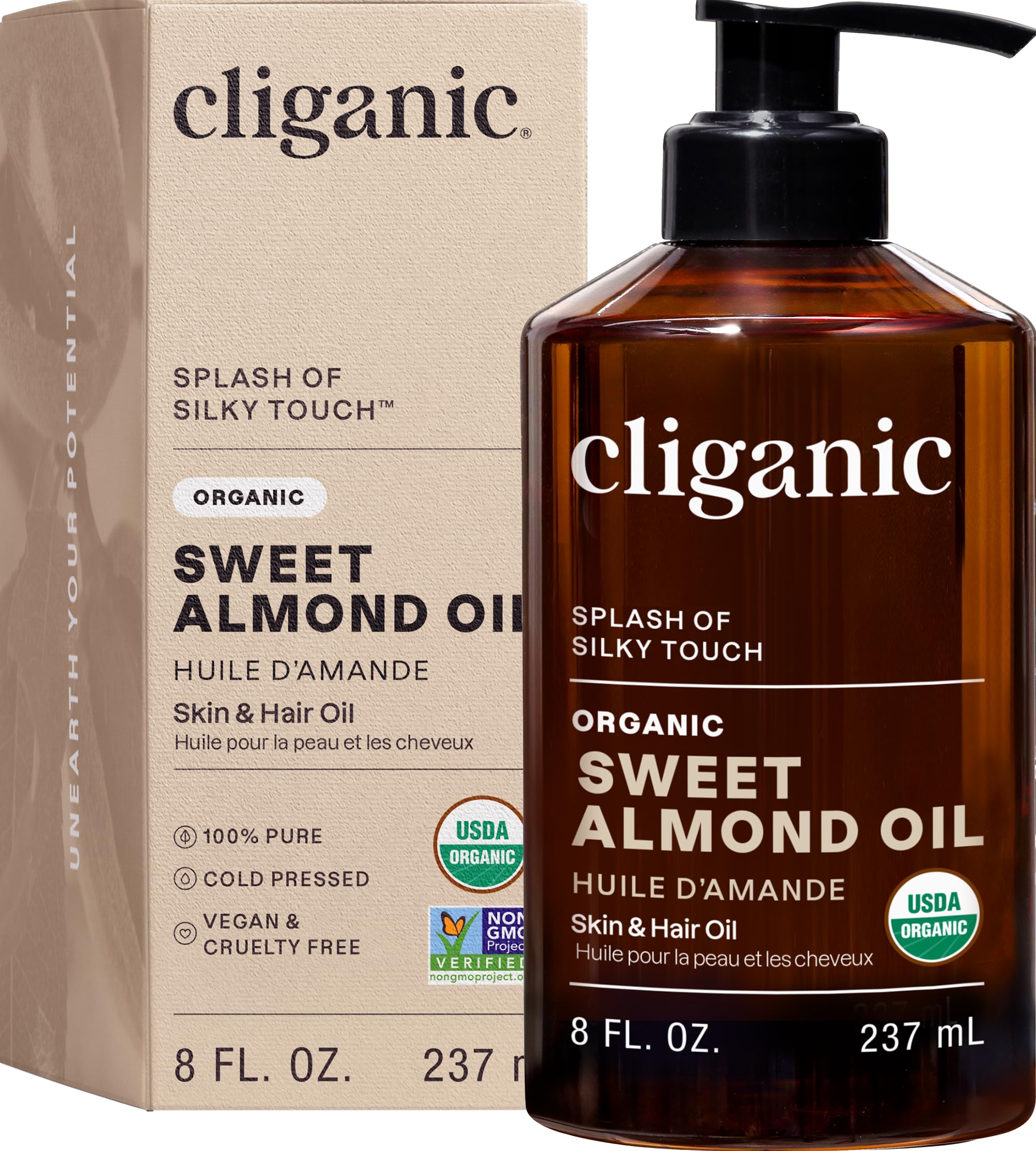 Cliganic aceite de almendras frontal botella mostrando etiqueta orgánica y beneficio hidratante