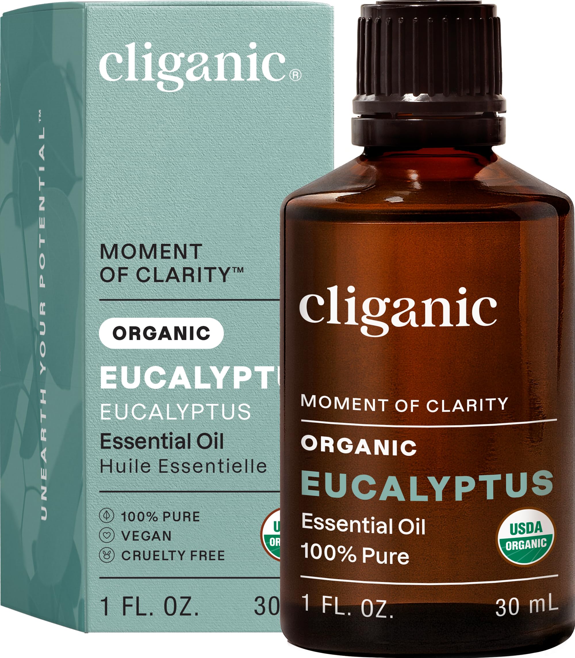 Cliganic frasco frontal mostrando aceite eucalipto, calidad orgánica