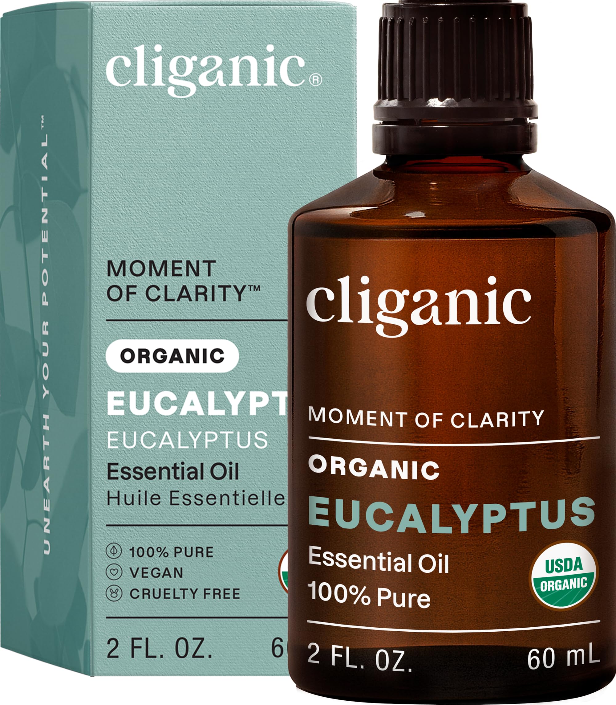 Cliganic botella frontal mostrando aceite de eucalipto orgánico y confianza