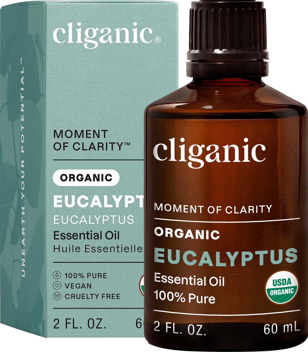 Cliganic botella frontal mostrando aceite de eucalipto orgánico y confianza