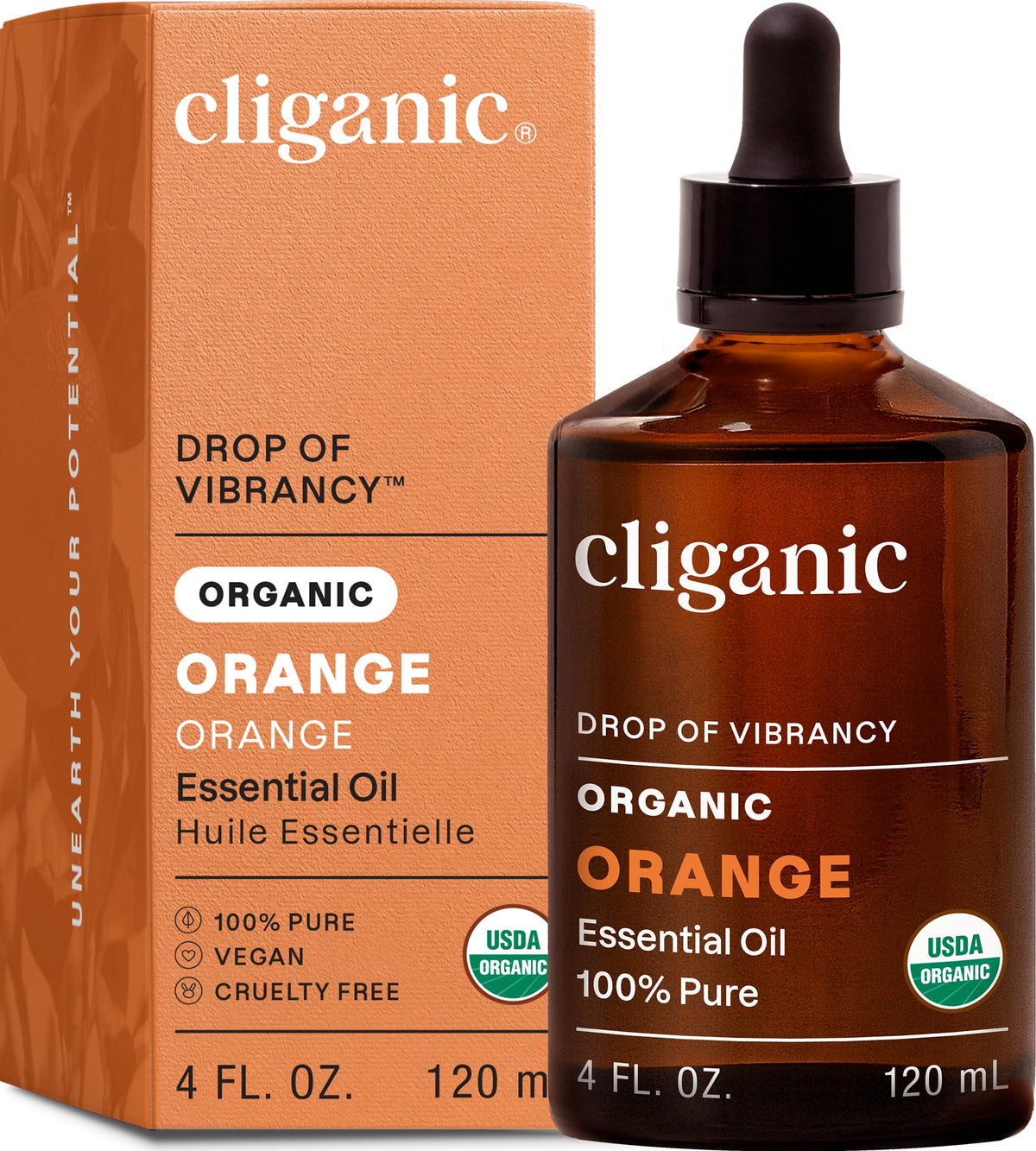 Frasco Cliganic de 4 oz de aceite de naranja dulce mostrando etiqueta y beneficios