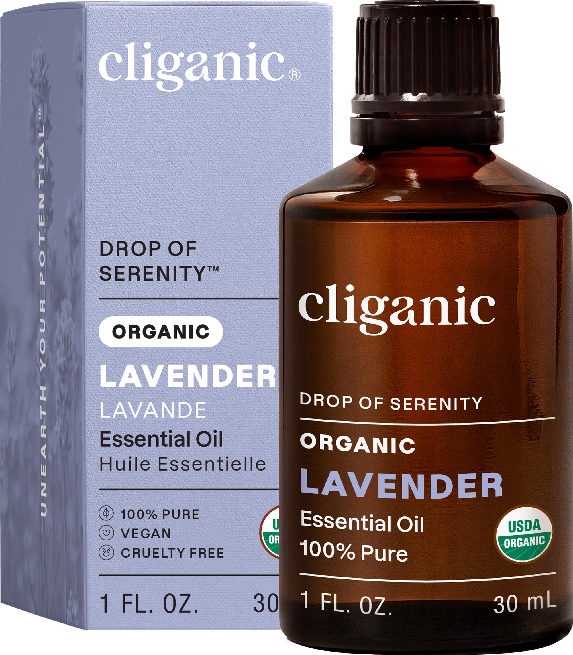 Cliganic botella frontal de lavanda mostrando diseño y pureza