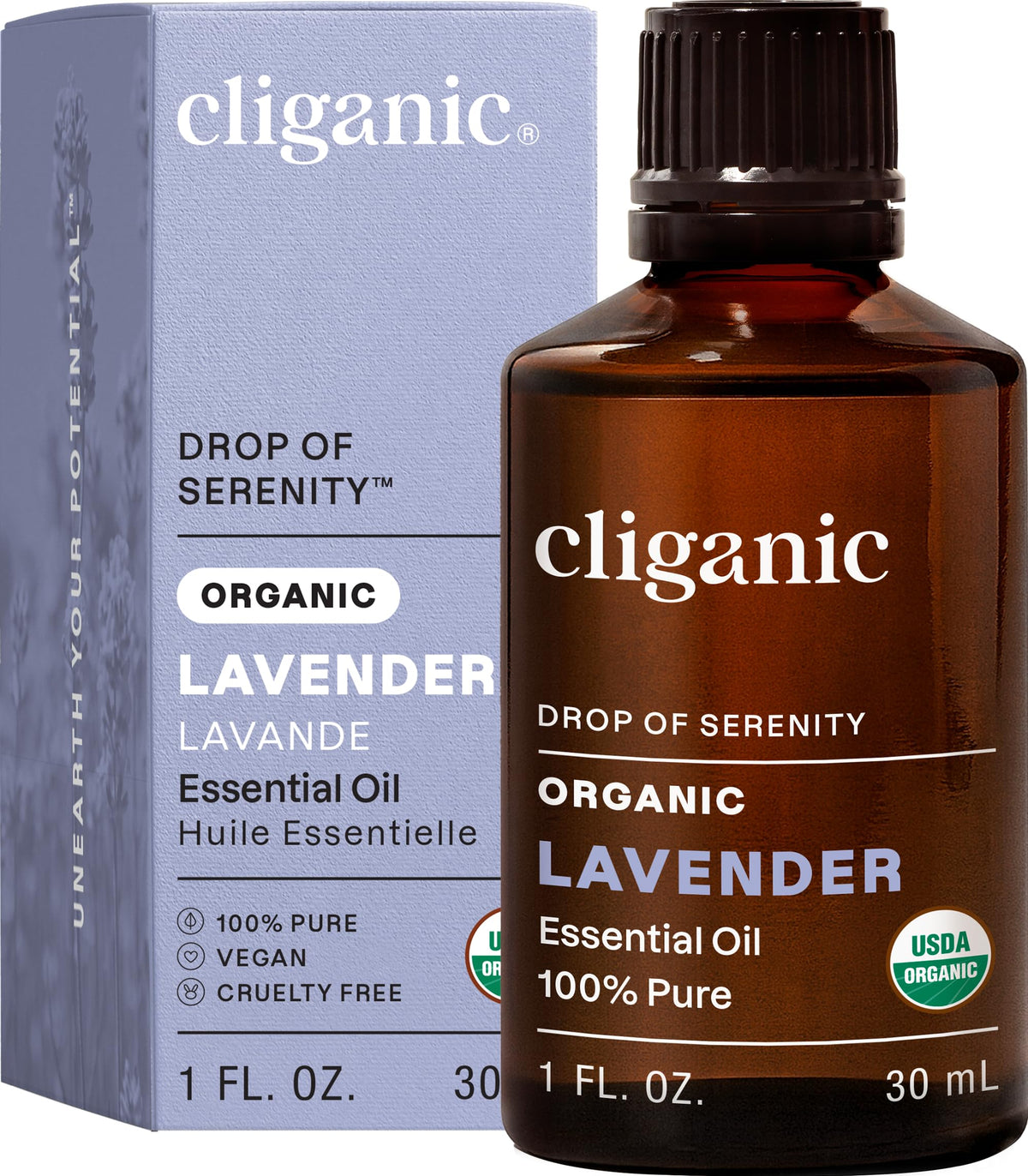 Cliganic botella frontal de lavanda mostrando diseño y pureza