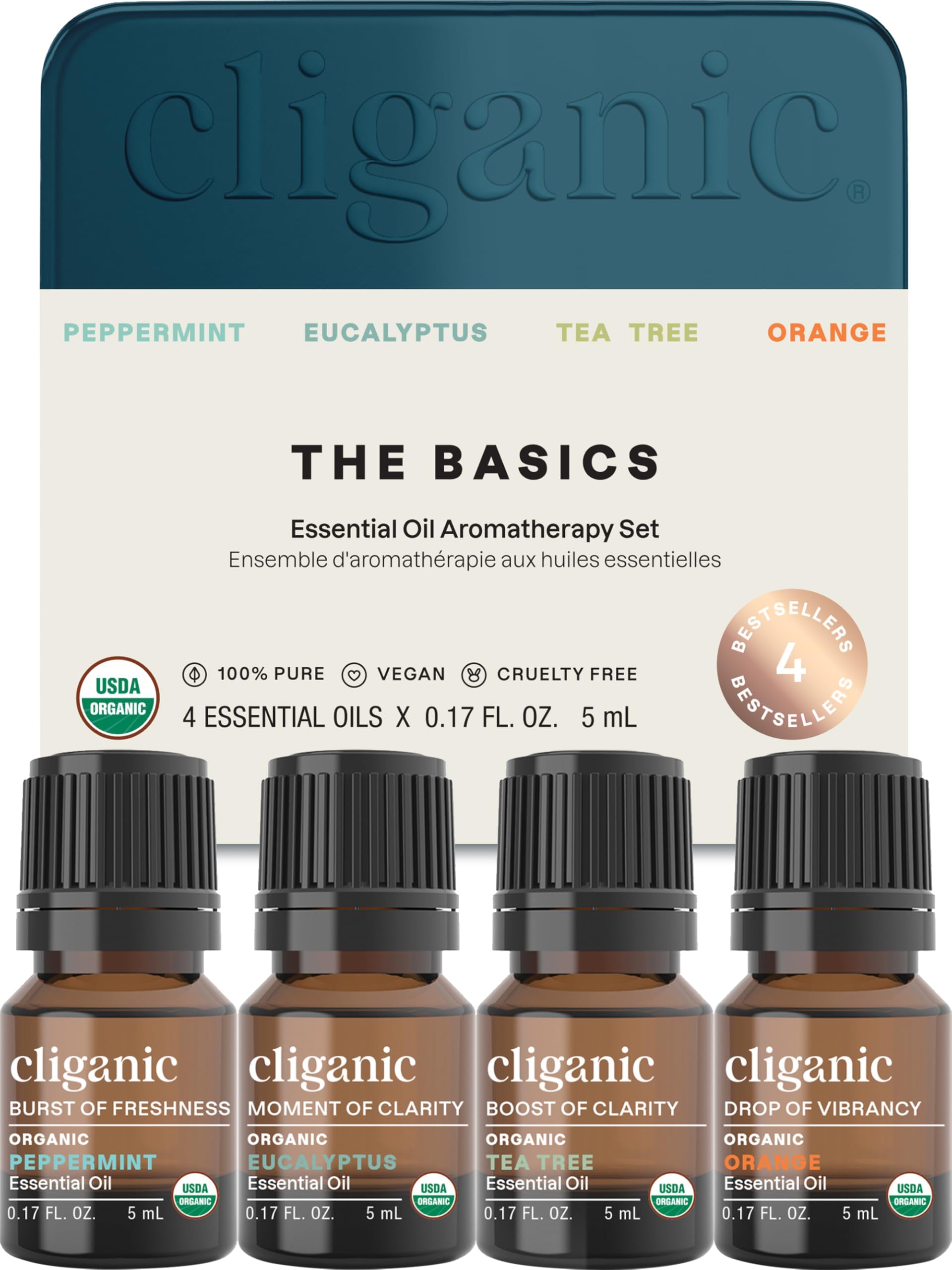 Cliganic envase frontal del set mostrando las cuatro esencias y confianza