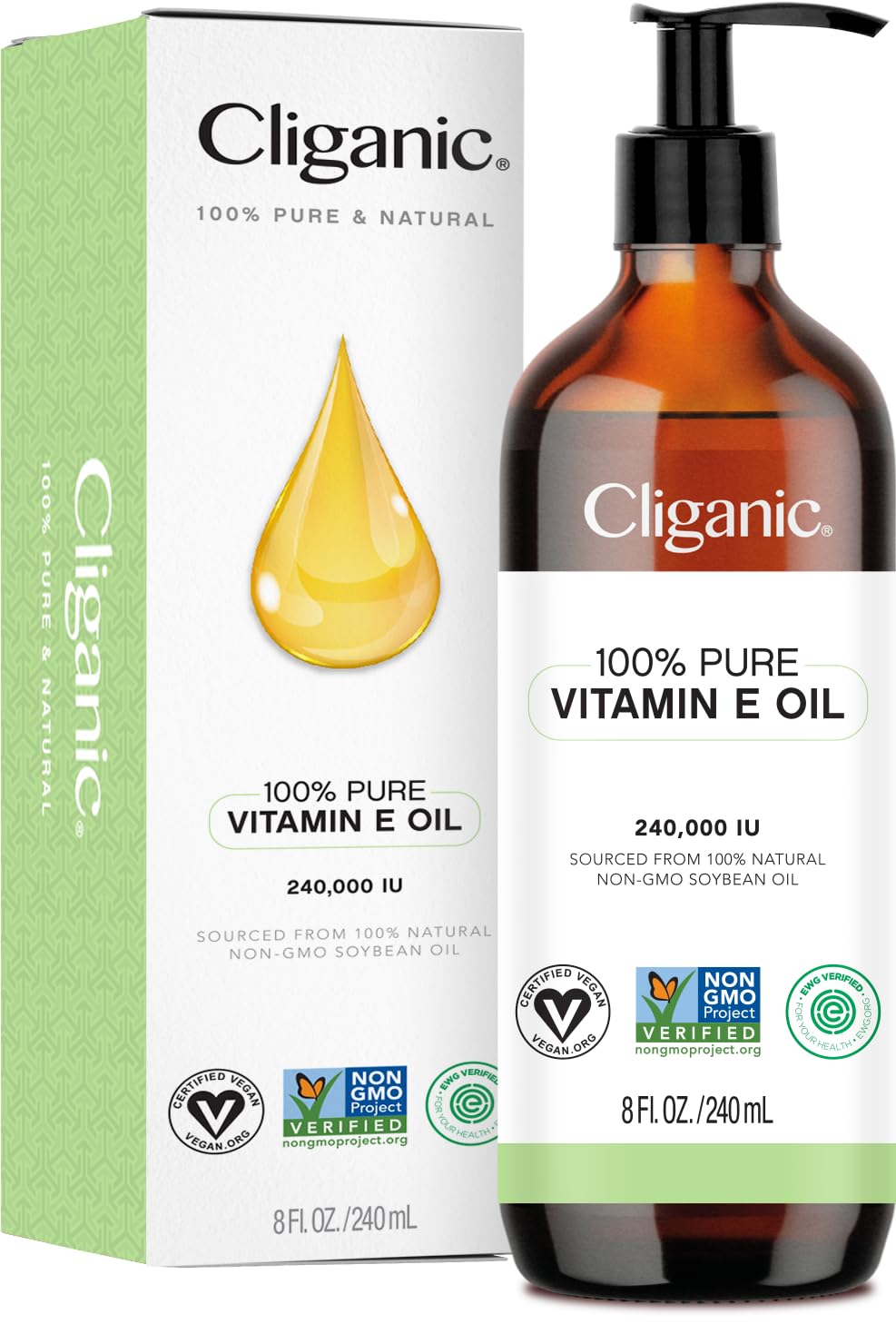 Cliganic botella frontal mostrando aceite vitamina E, pureza visible