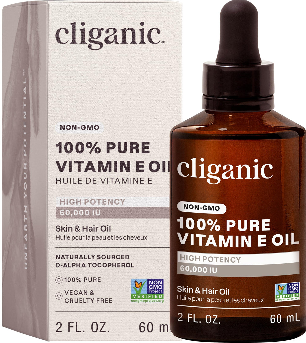 Cliganic botella frontal vitamina E mostrando envase y sellos beneficiosos