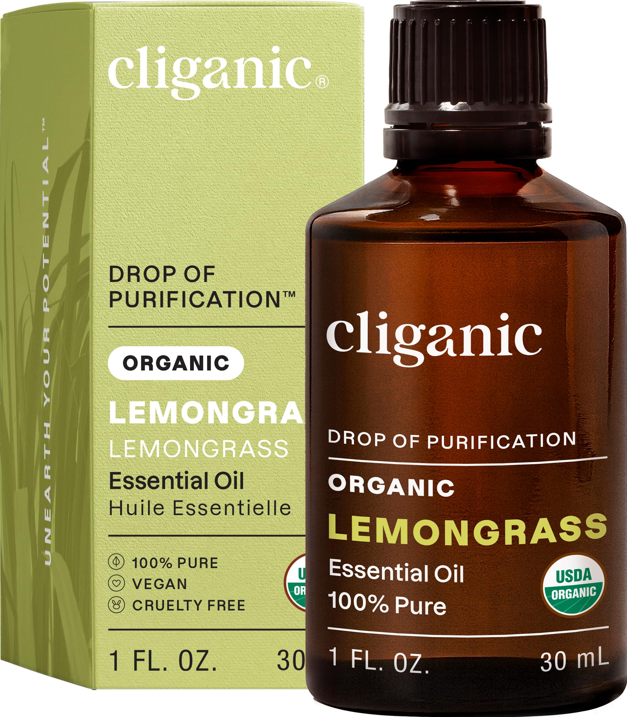 Cliganic botella frontal de hierba limón mostrando presentación orgánica
