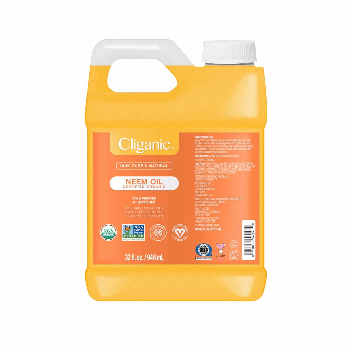 Cliganic aceite de neem 32oz frente mostrando etiqueta y beneficio hidratante