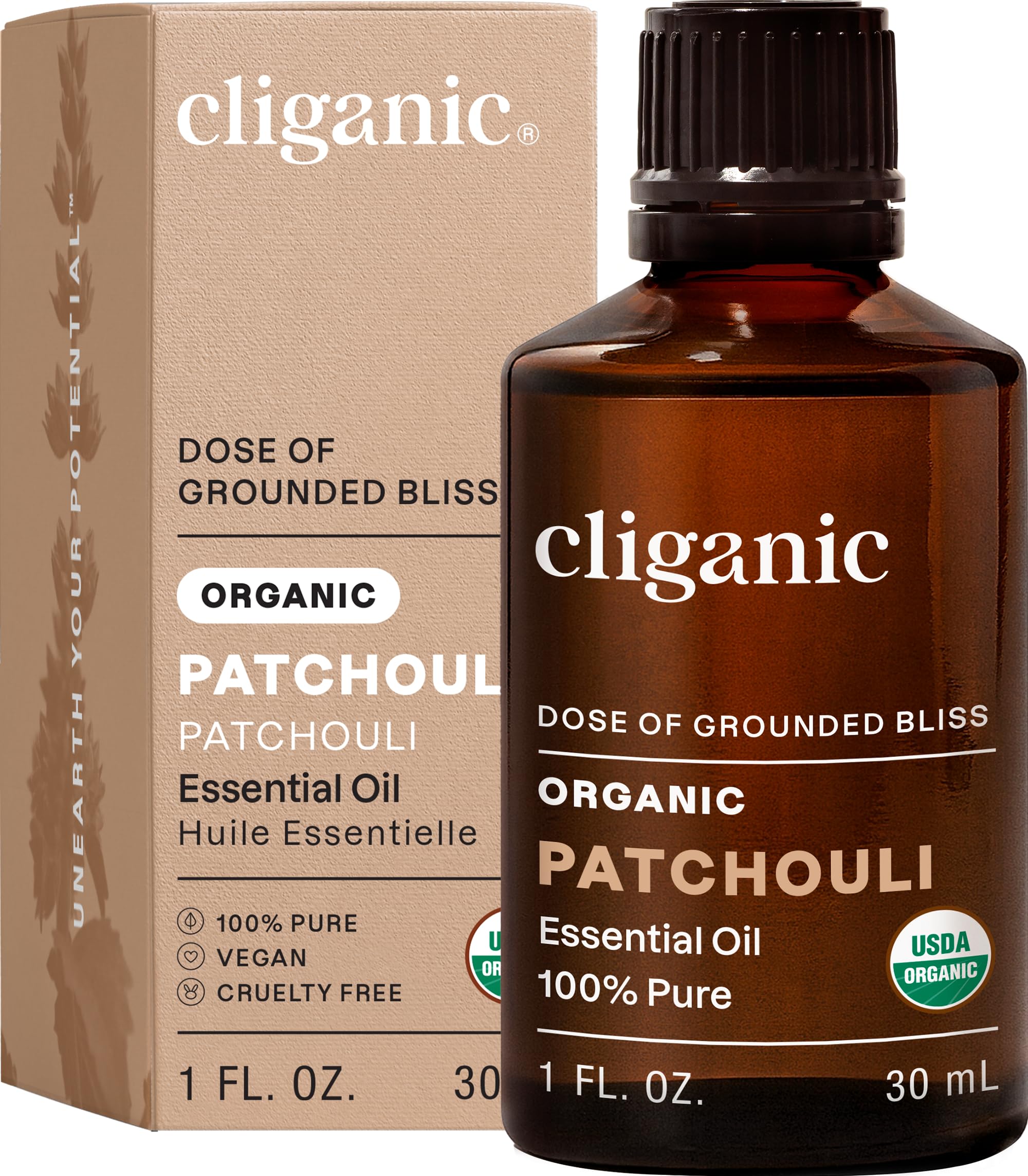 Cliganic frasco frente mostrando patchouli orgánico y calidad