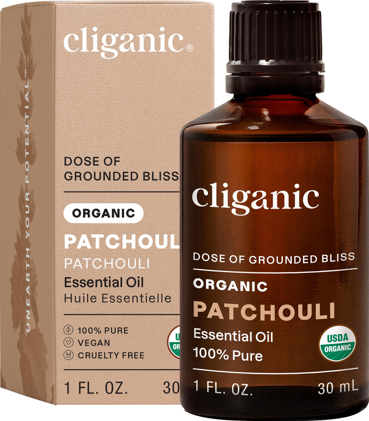 Cliganic frasco frente mostrando patchouli orgánico y calidad