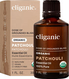 Cliganic frasco frente mostrando patchouli orgánico y calidad