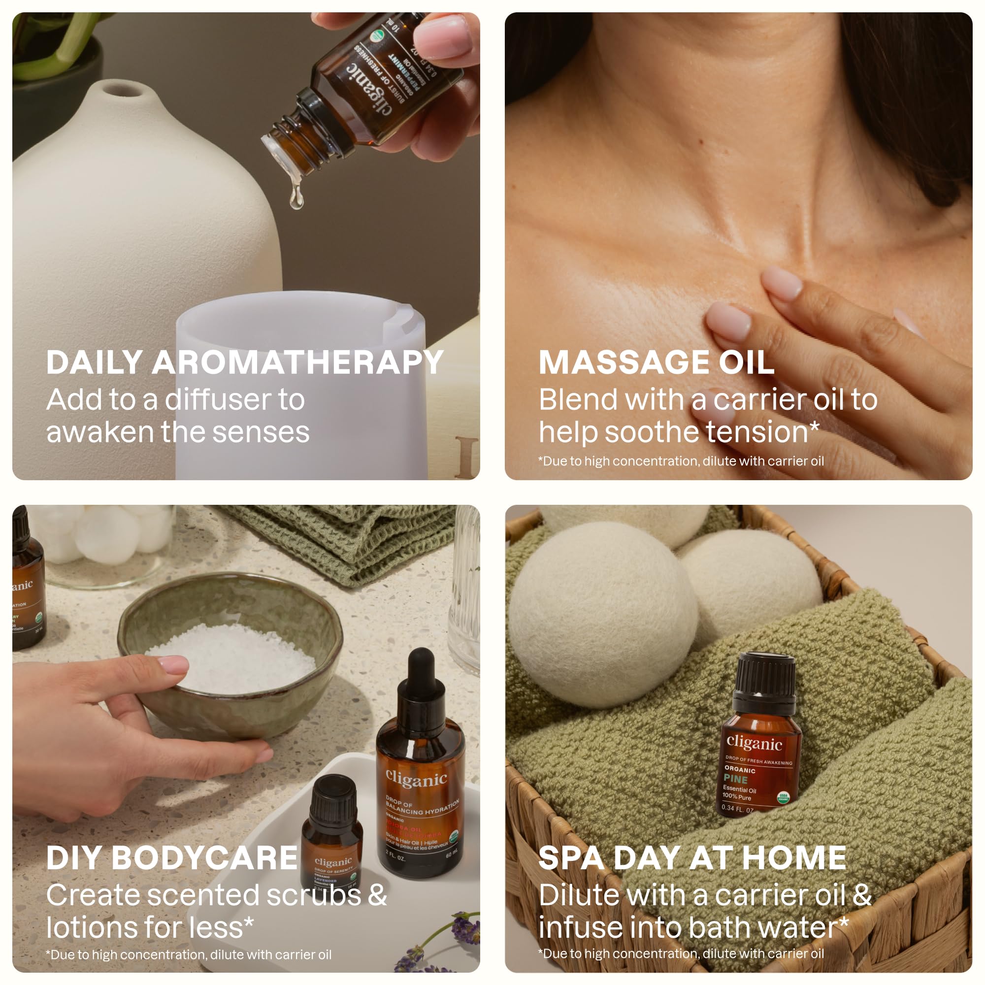 Difusor con gotas de Cliganic pino en uso, creando ambiente aromático relajante