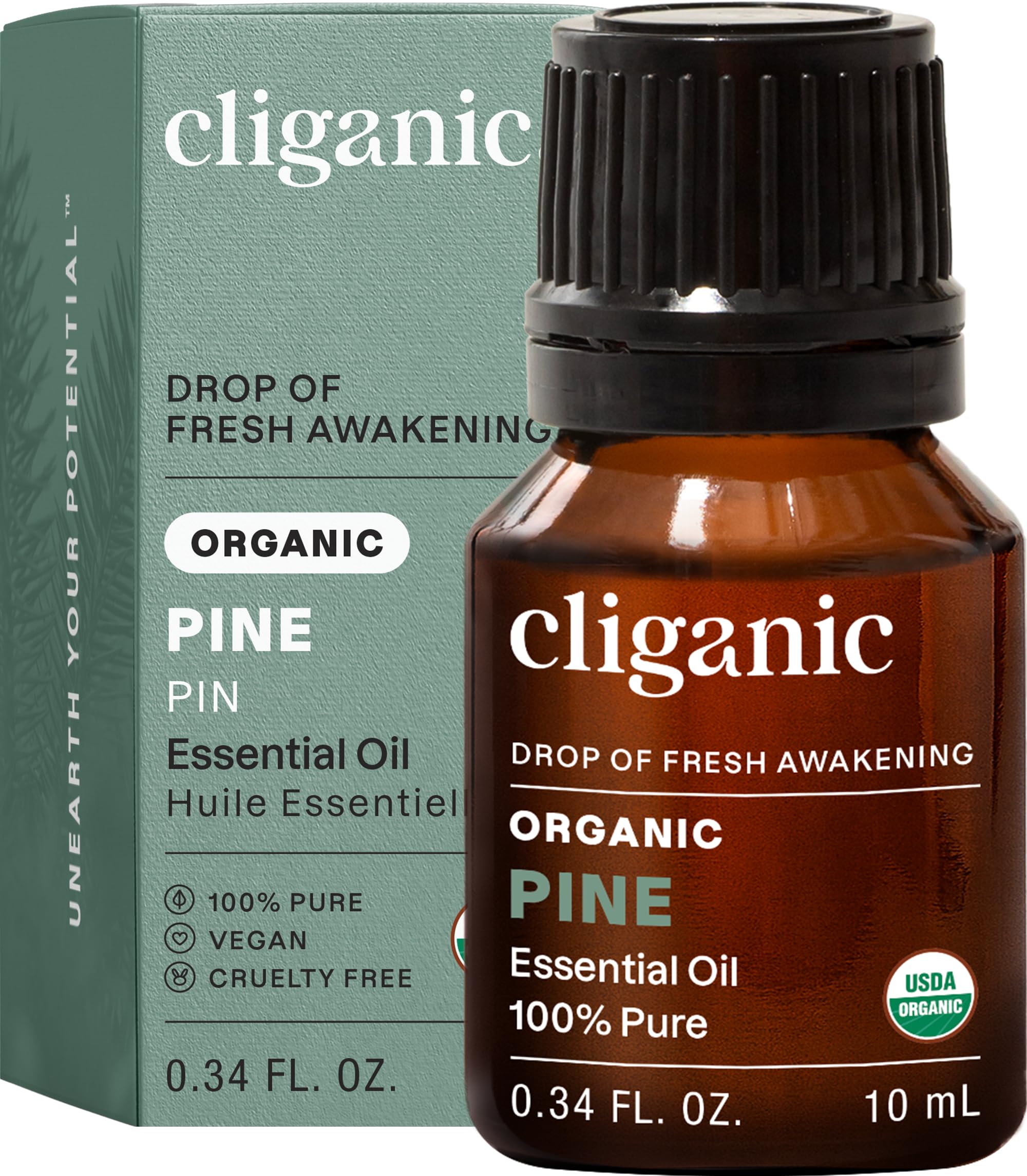 Cliganic frasco frontal de aceite de pino mostrando el envase y beneficio de pureza