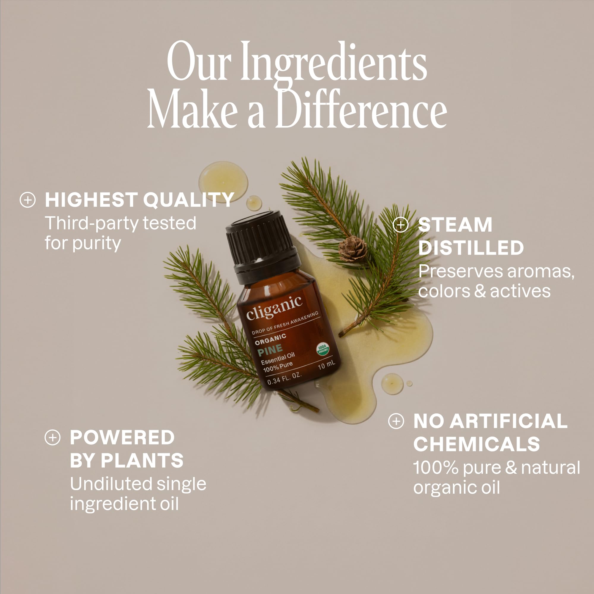 Gota de Cliganic aceite de pino en primer plano para apreciar la textura pura