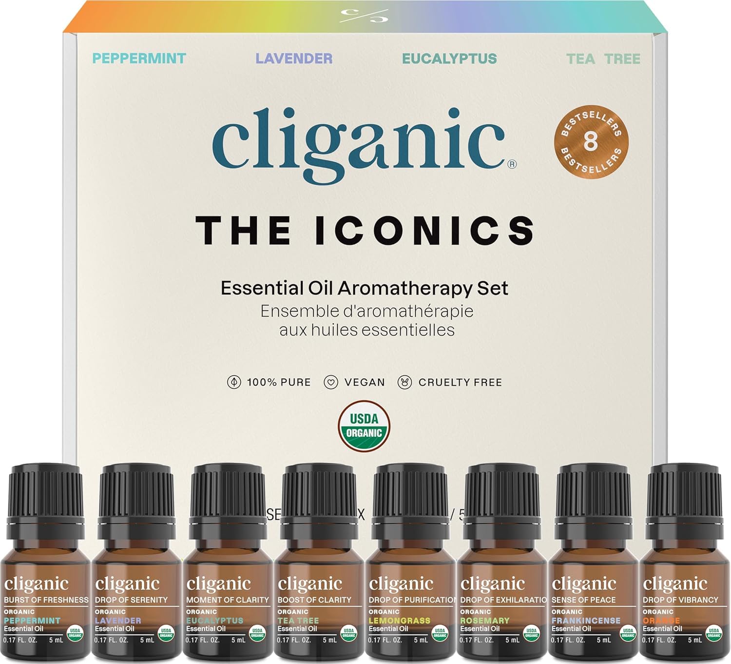 Cliganic set frontal mostrando los ocho frascos y beneficio de variedad