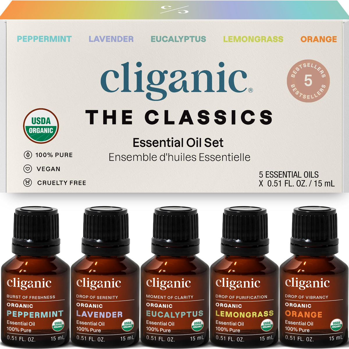 Cliganic set frontal mostrando las cinco botellas, claridad orgánica
