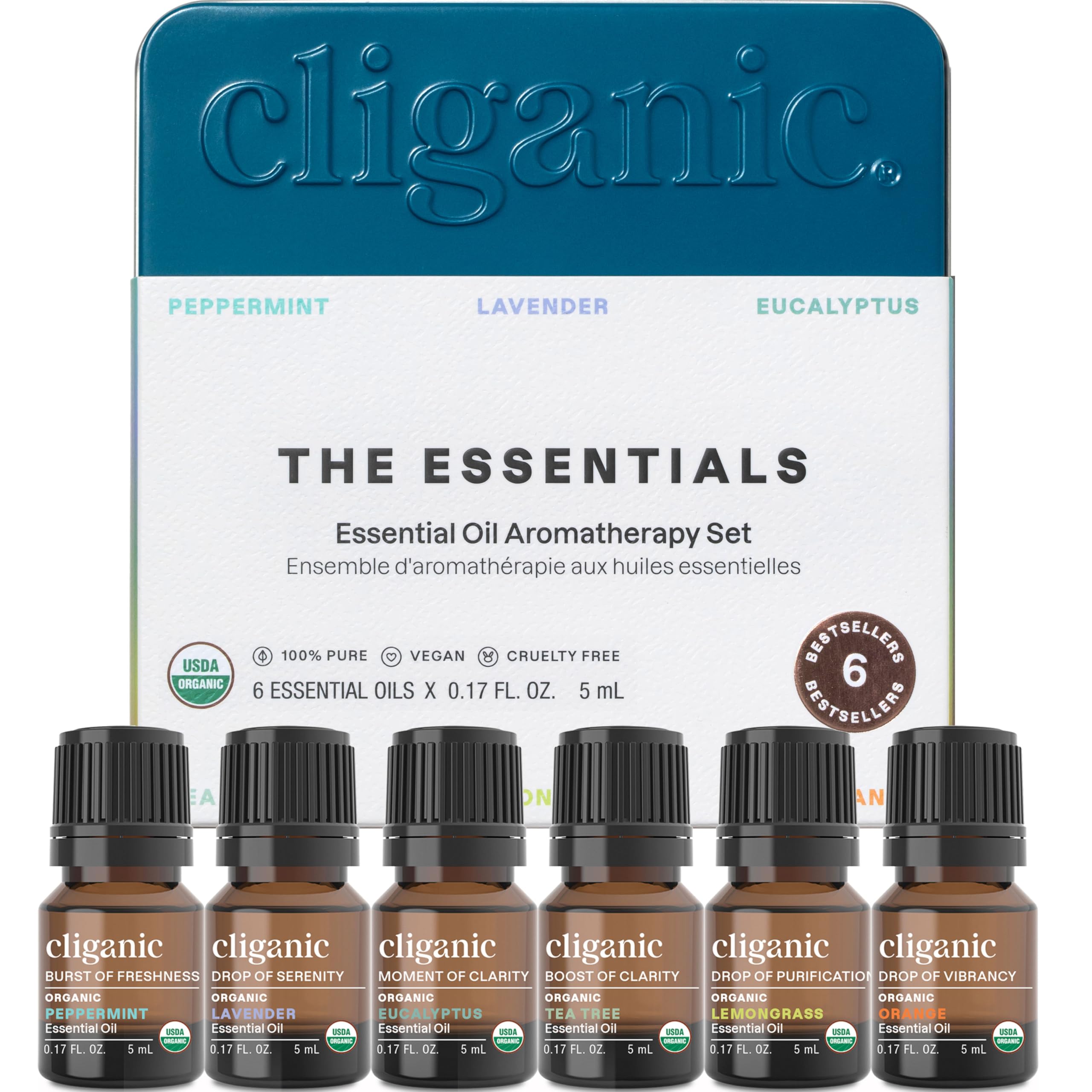 Cliganic set frontal mostrando las seis botellas y beneficios de variedad