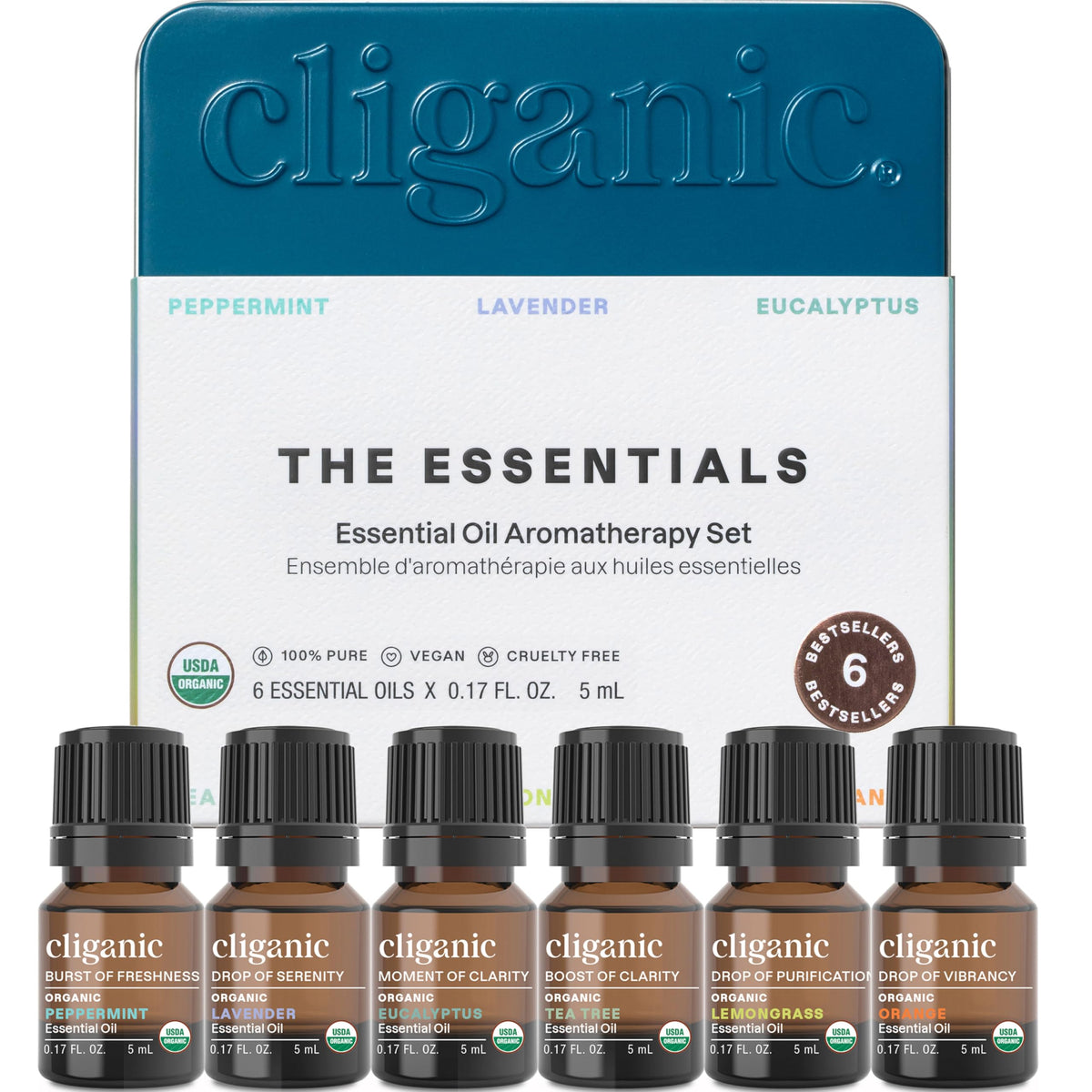 Cliganic set frontal mostrando las seis botellas y beneficios de variedad