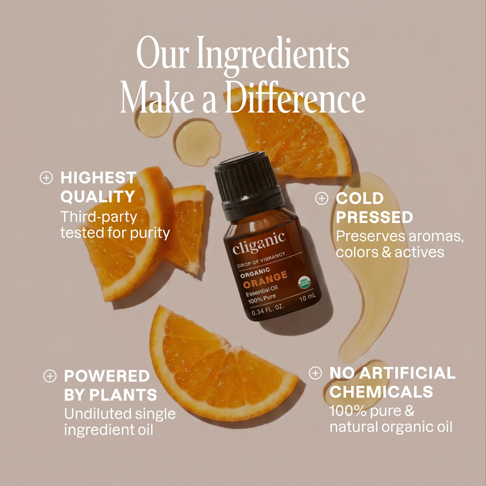 Gota de aceite Cliganic naranja dulce resaltando pureza y textura ligera