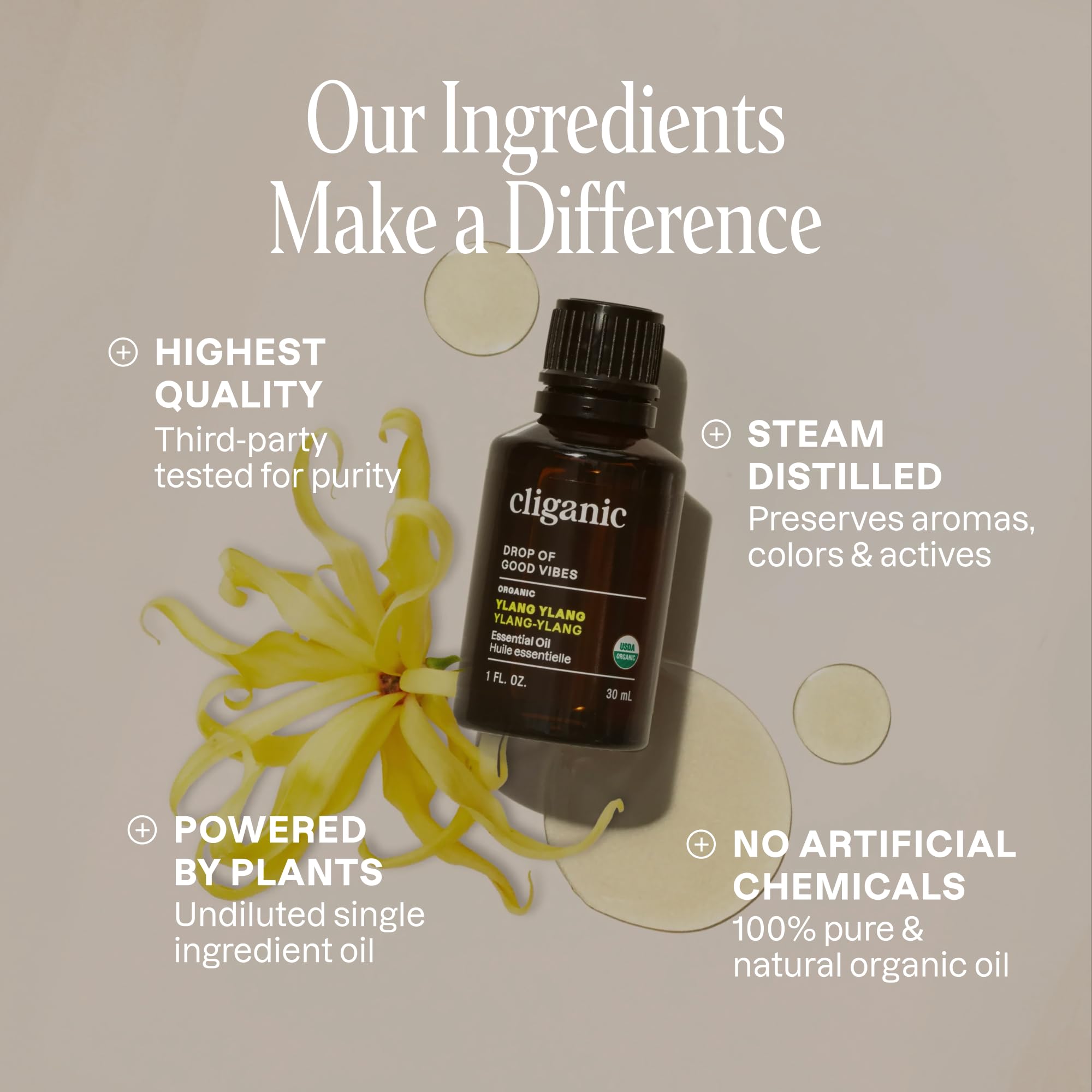Cliganic gota de aceite de Ylang Ylang en cuentagotas, detalle de calidad
