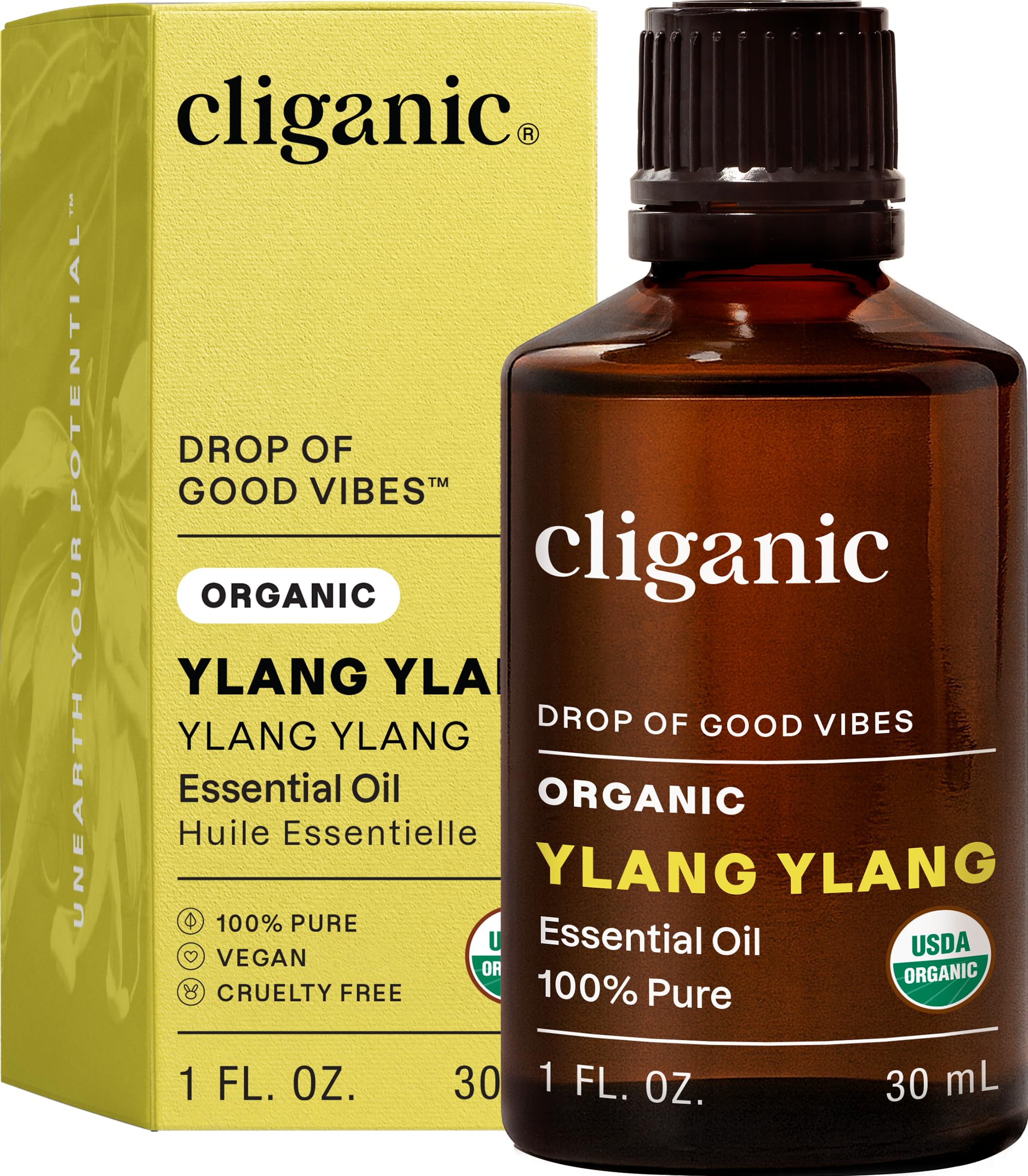 Cliganic frasco frontal de Ylang Ylang mostrando presentación y pureza