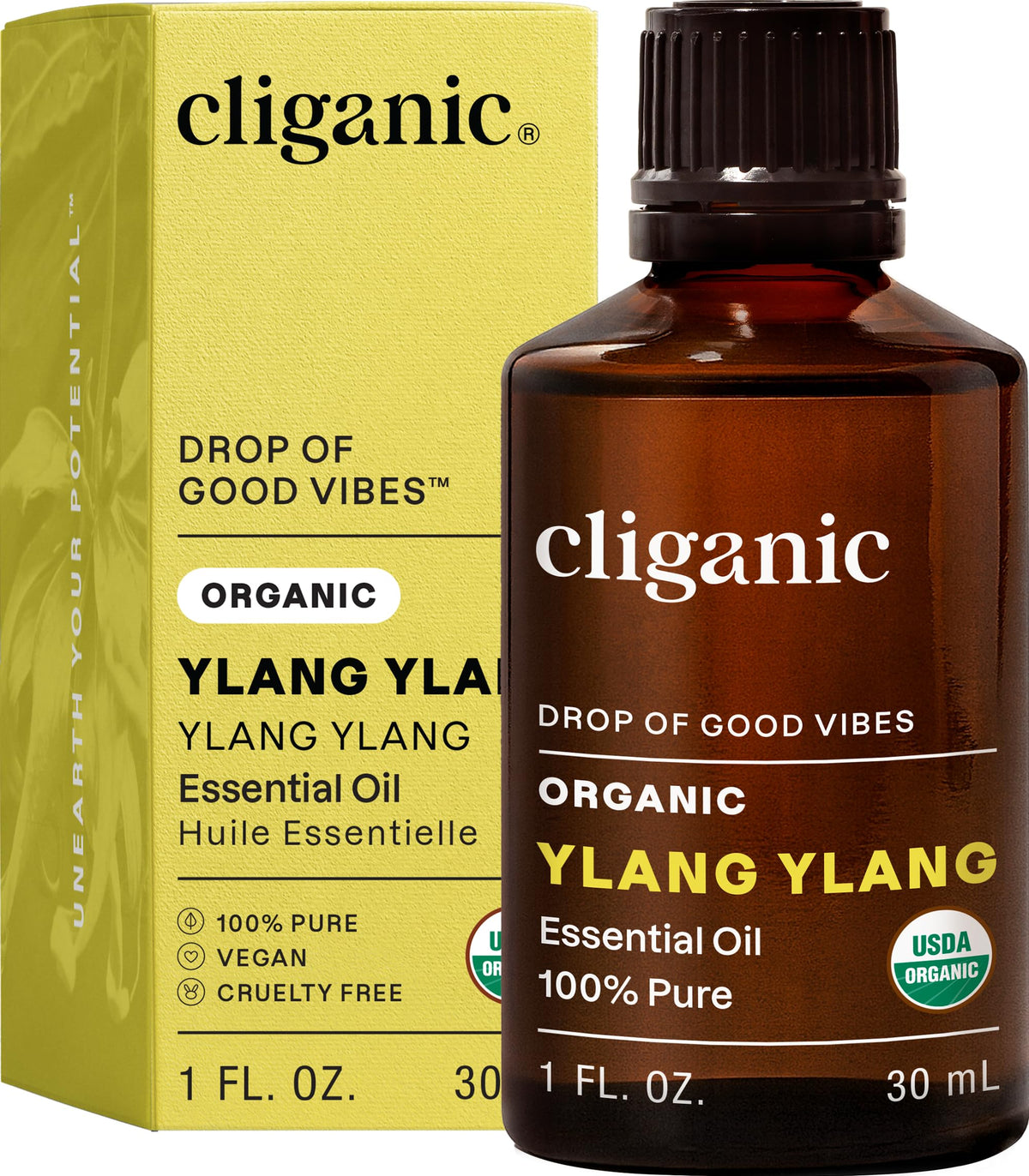 Cliganic frasco frontal de Ylang Ylang mostrando presentación y pureza