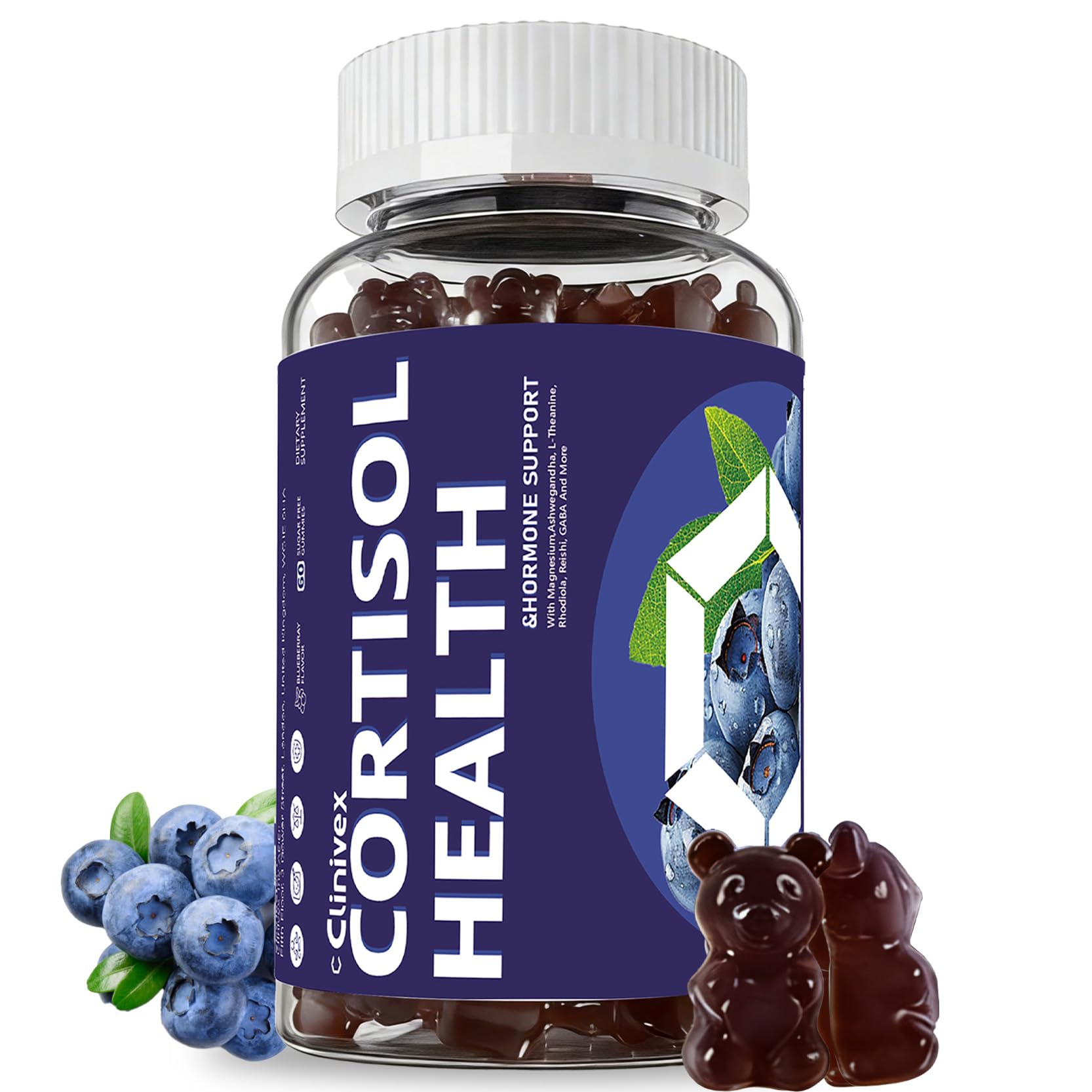 CLINIVEX frasco frontal mostrando 60 gomitas veganas y beneficio para el control del estrés