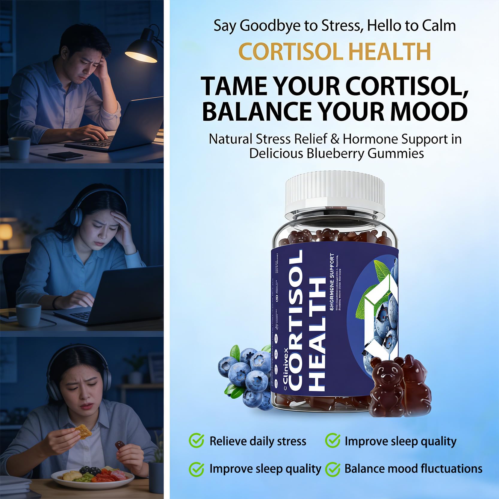 CLINIVEX gomitas junto a arándanos resaltando sabor natural y aceptación palatable