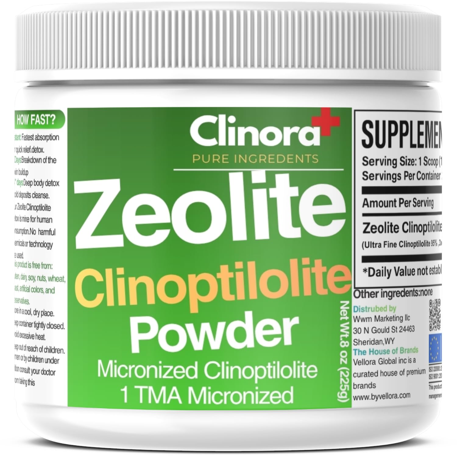 Clinora empaque frontal resellable mostrando 225 g y pureza alta