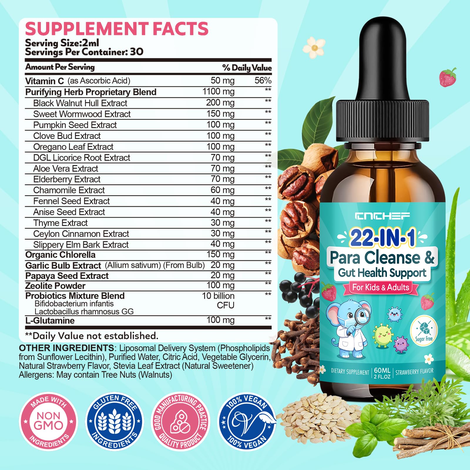 CNCHEF primer plano de etiqueta con lista de ingredientes y certificación cGMP