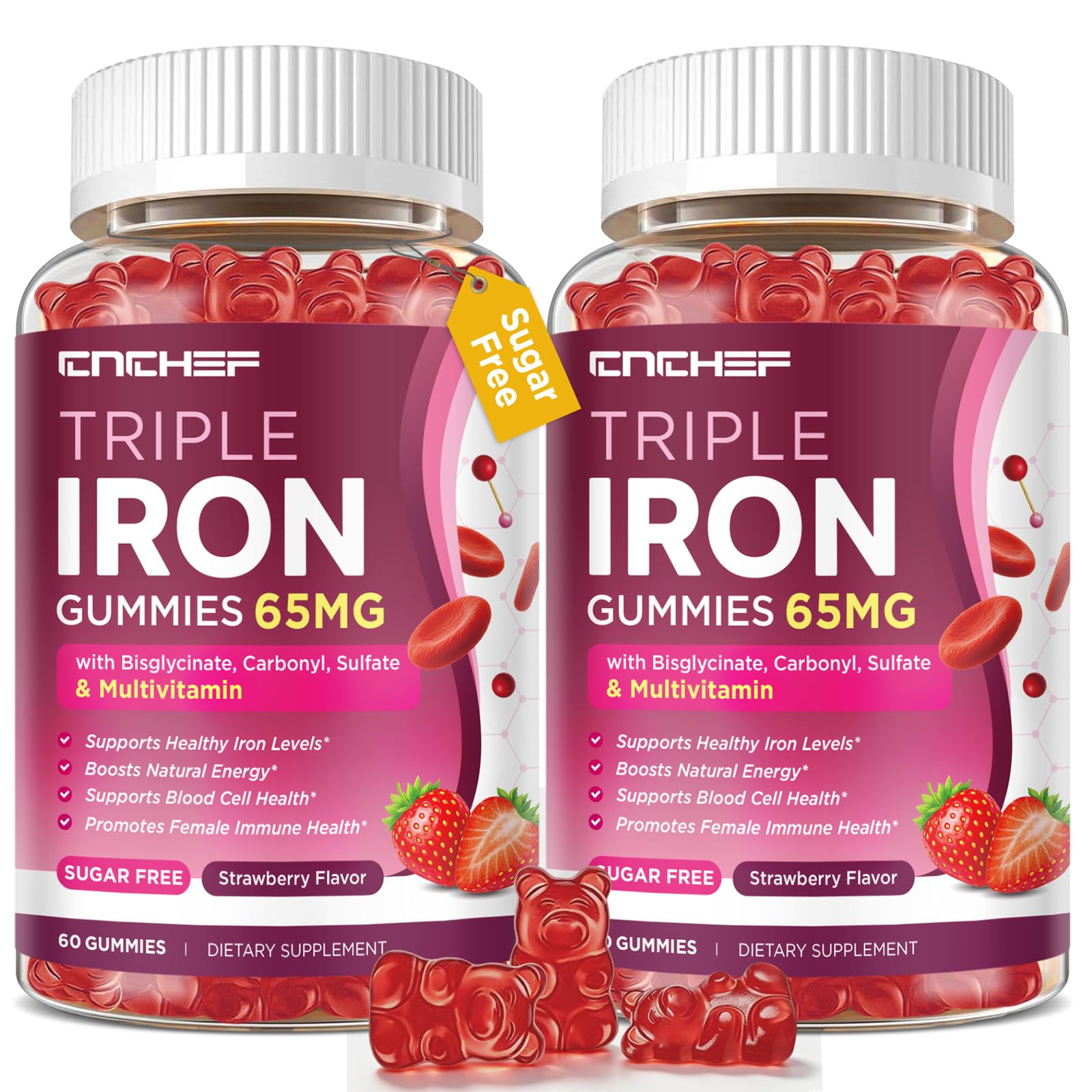 CNCHEF envase frontal de gominolas de hierro 65mg, presentación clara y beneficios