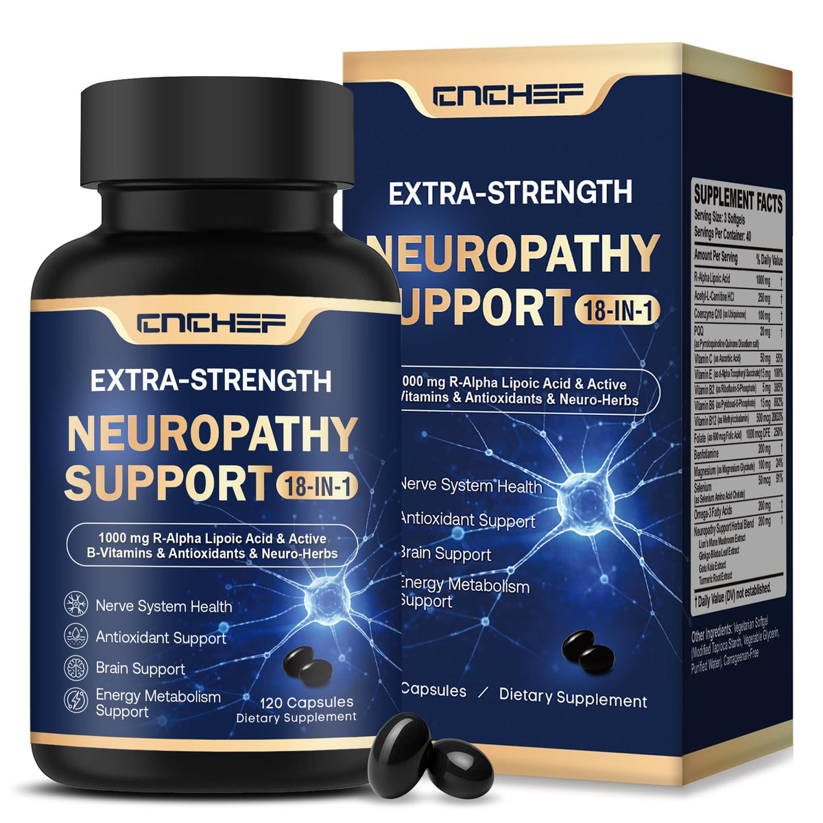 CNCHEF envase frontal mostrando suplemento neuropathy support y beneficios diarios
