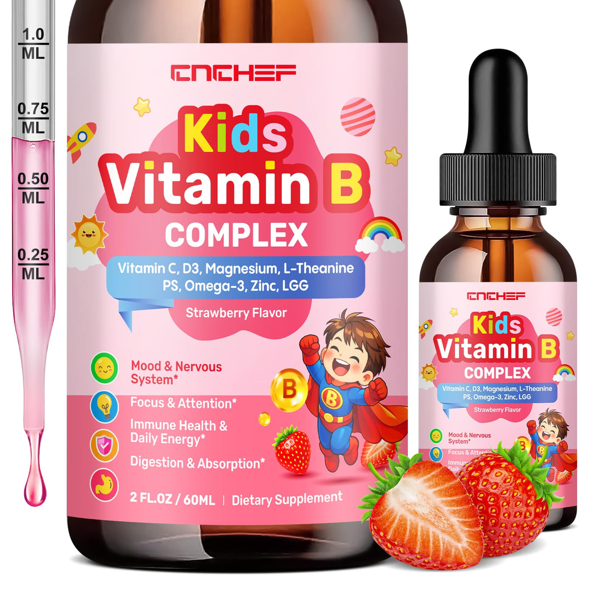 CNCHEF frontal del envase mostrando nutrientes clave y sabor fresa