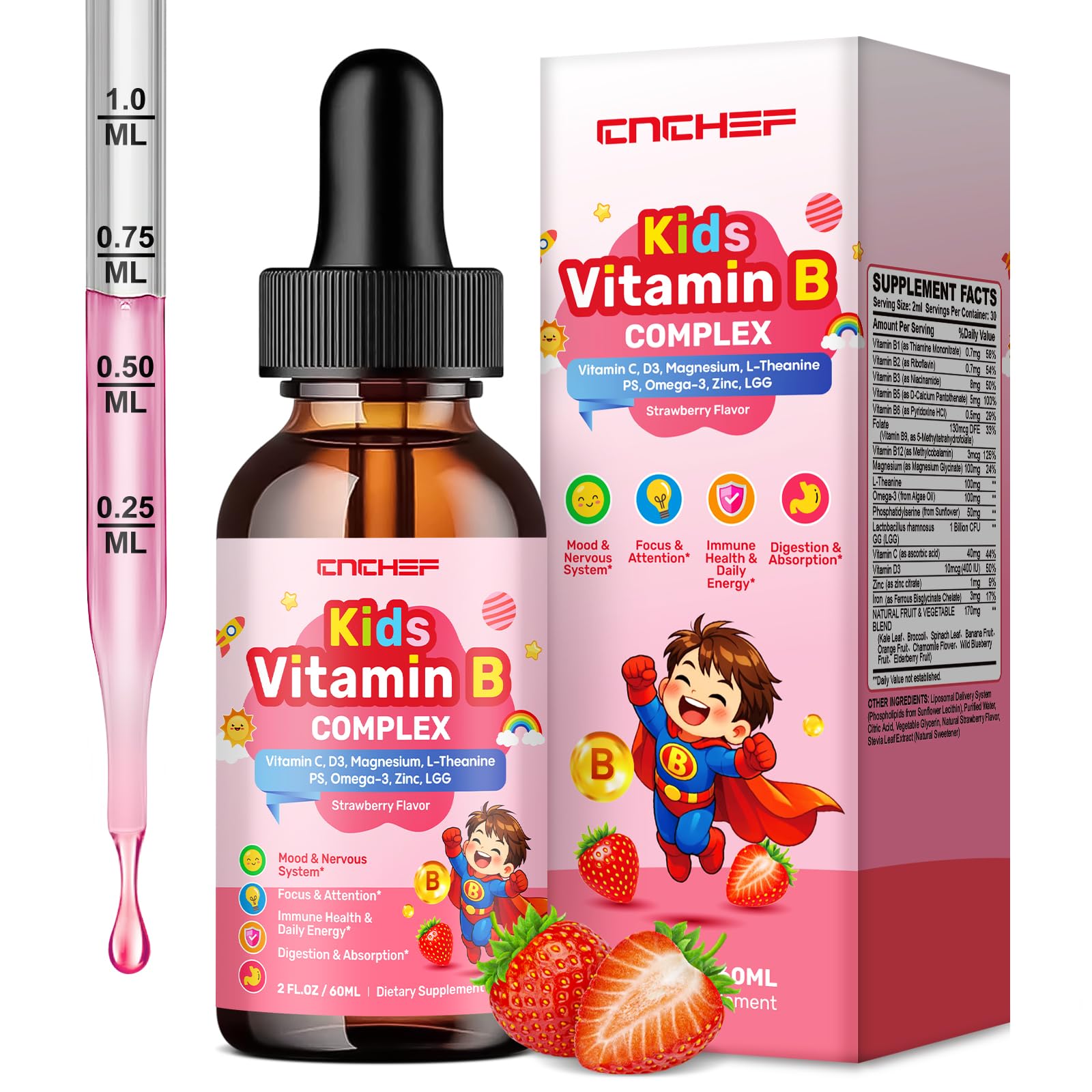 CNCHEF etiqueta con lista de beneficios para metabolismo, foco e inmunidad