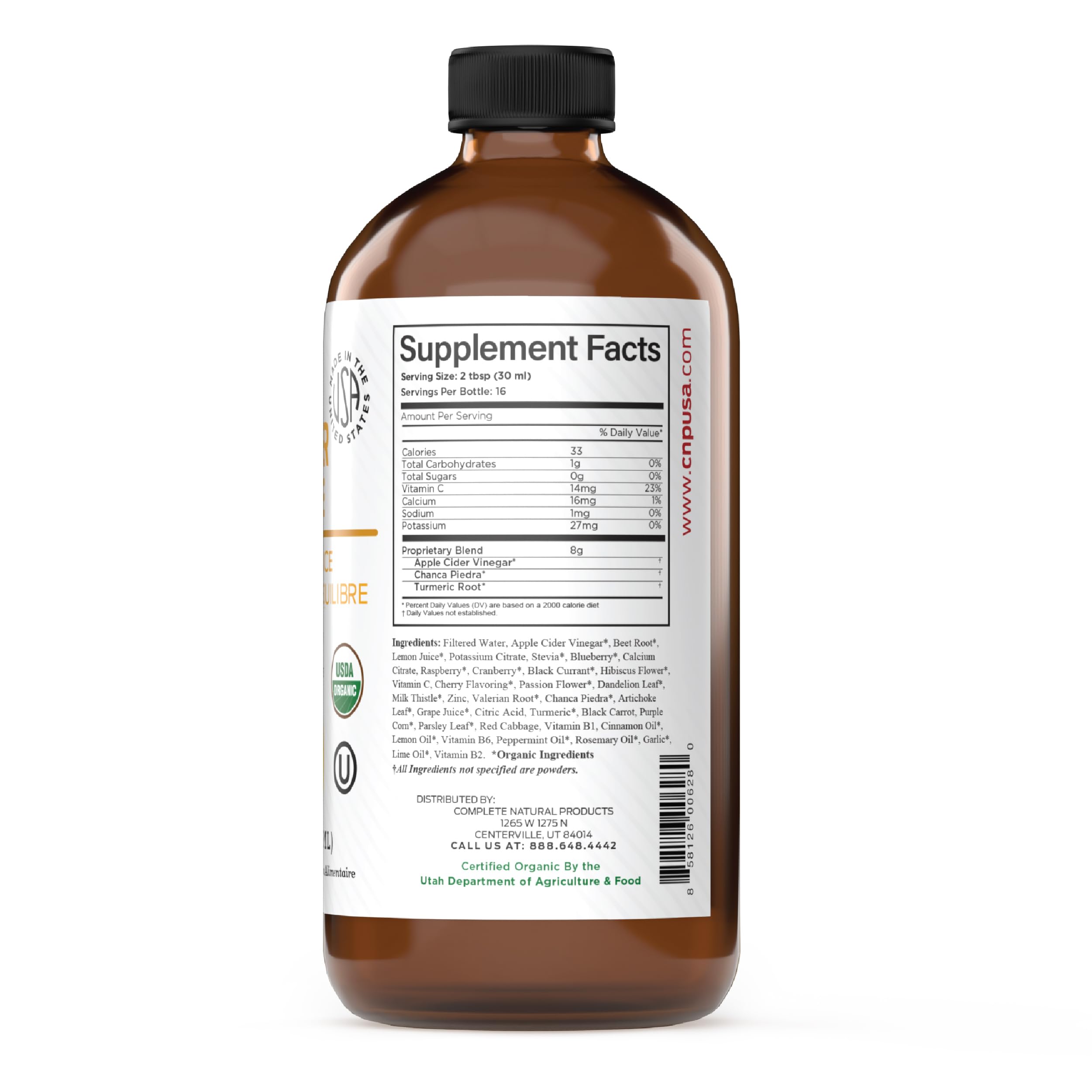 Complete Natural Products etiqueta cercana con información de certificaciones orgánicas