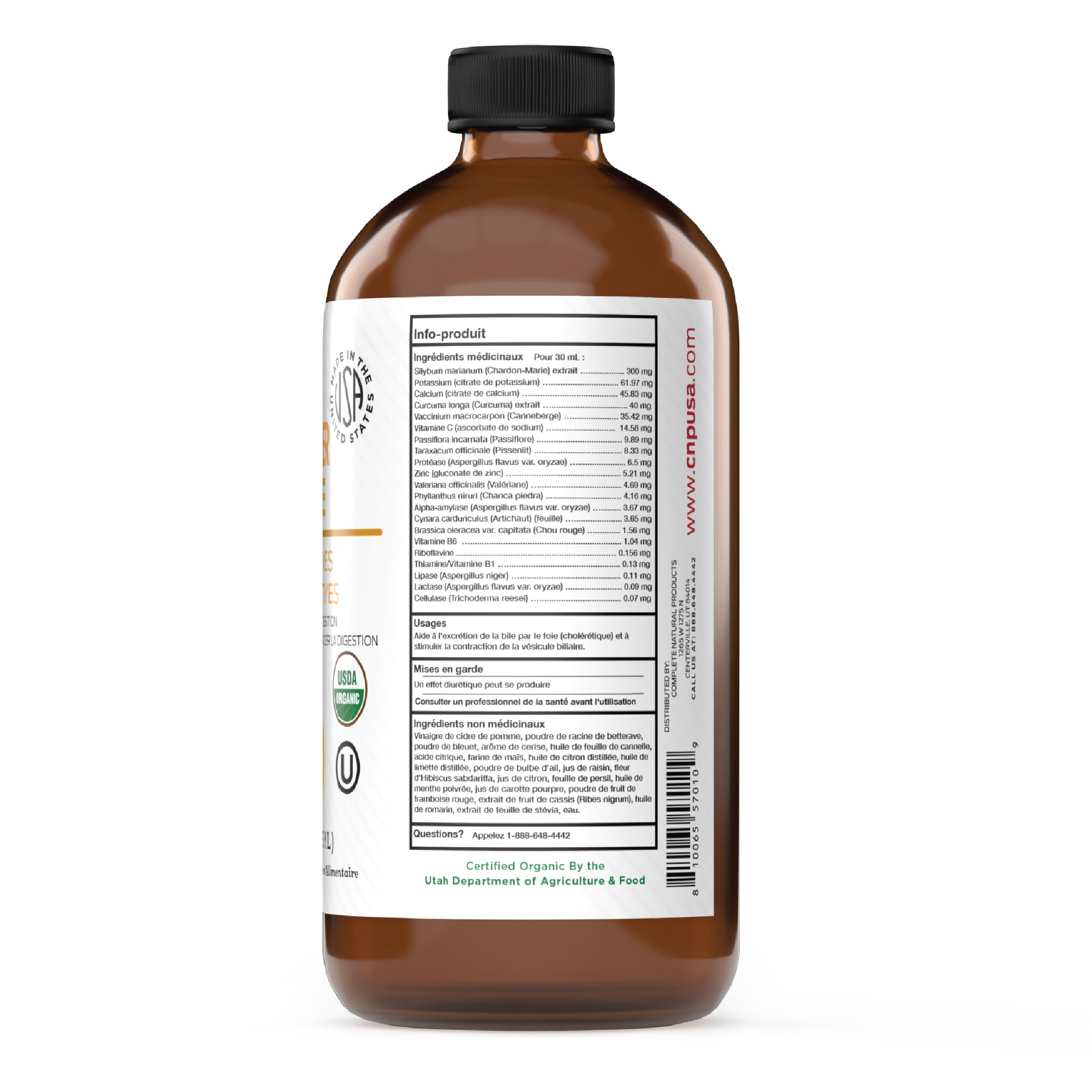 Complete Natural Products junto a una regla para comparar tamaño de la botella 16oz