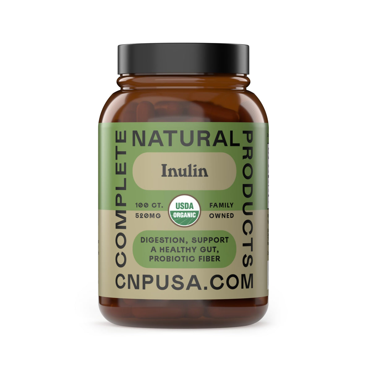 Complete Natural Products frasco frontal mostrando inulina orgánica y beneficios
