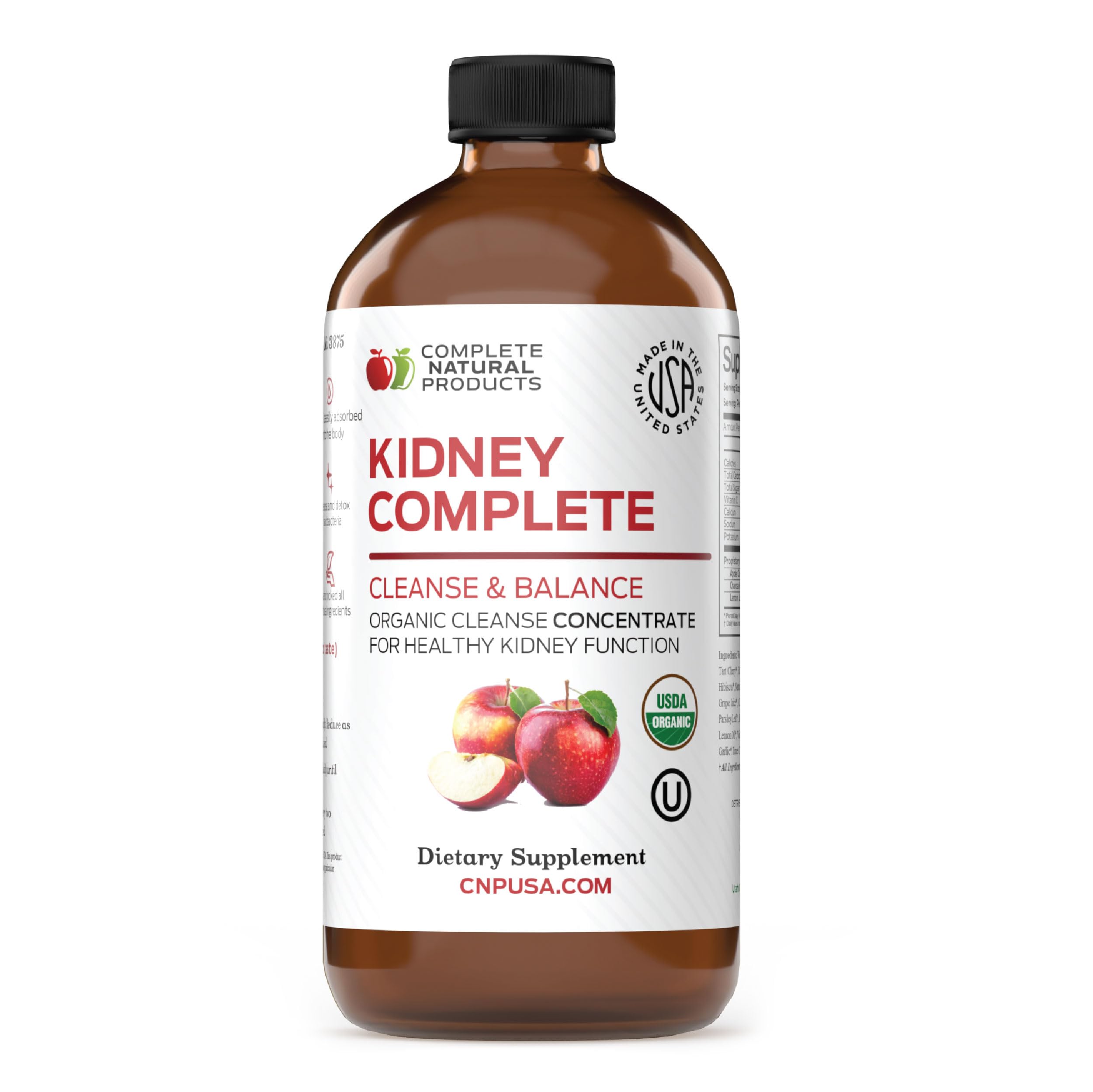 Complete Natural Products frasco frontal mostrando la etiqueta y 16oz, beneficios prácticos