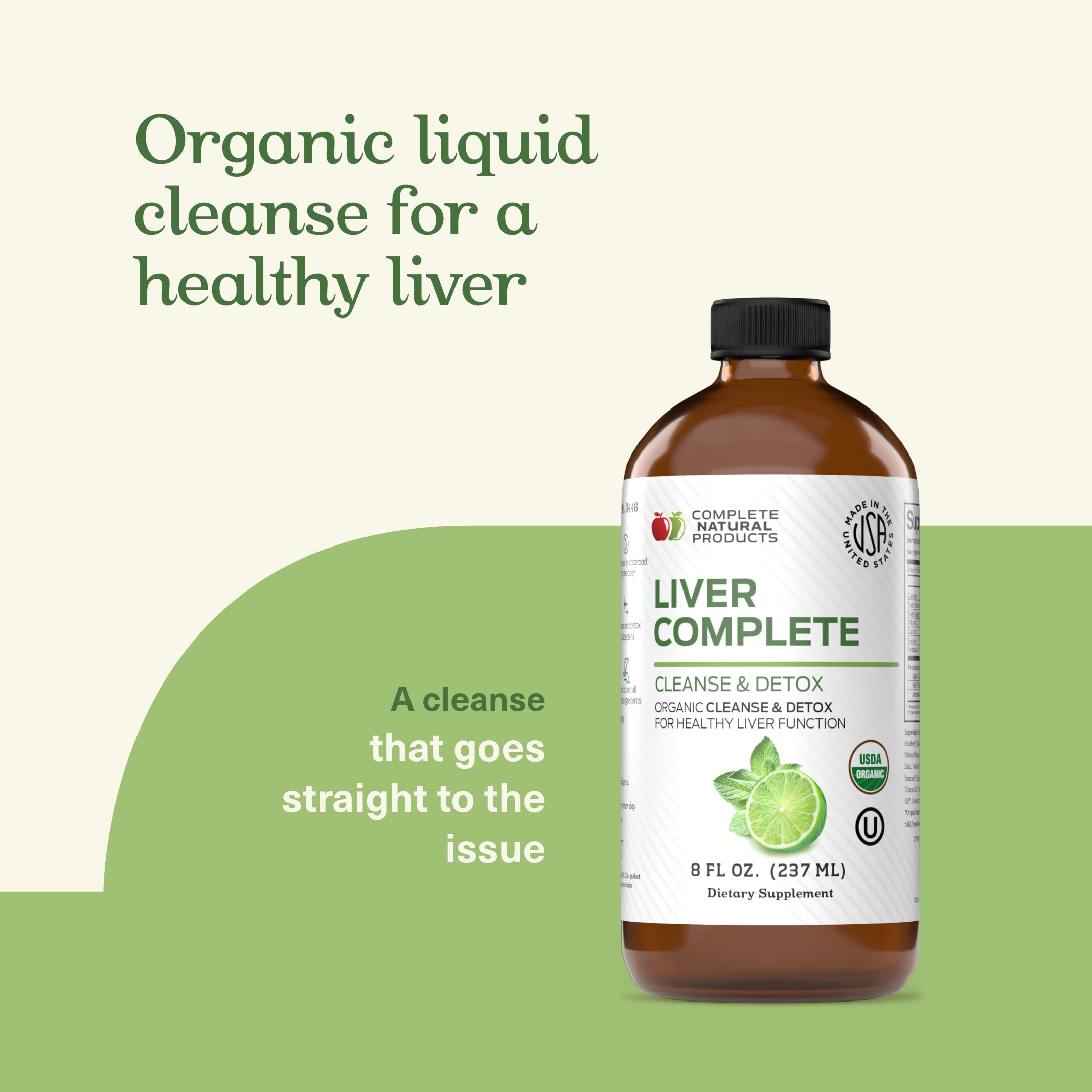 Complete Natural Products botella de 8oz apoyada en superficie para escala visual