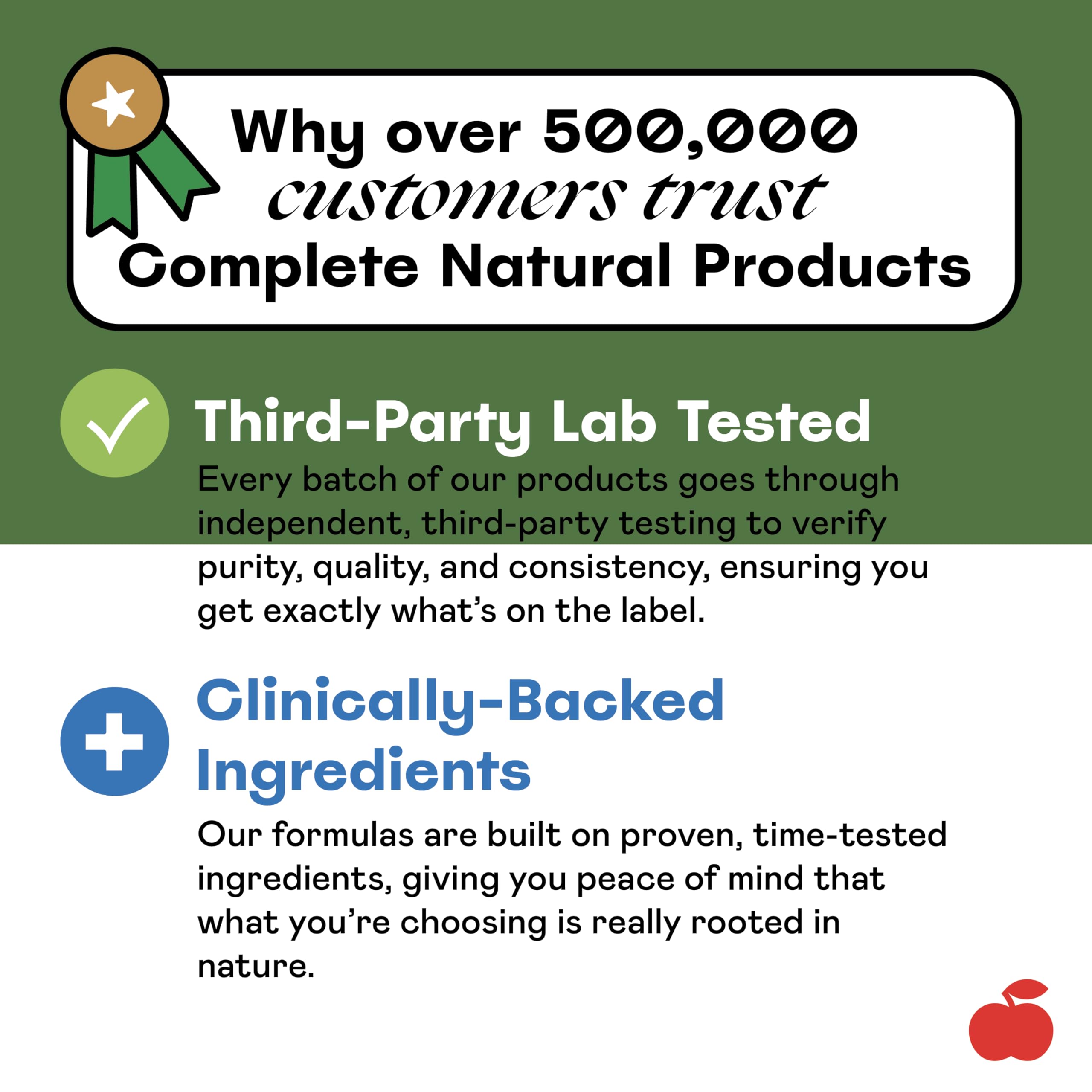 Complete Natural Products empaque lateral con información de calidad y origen