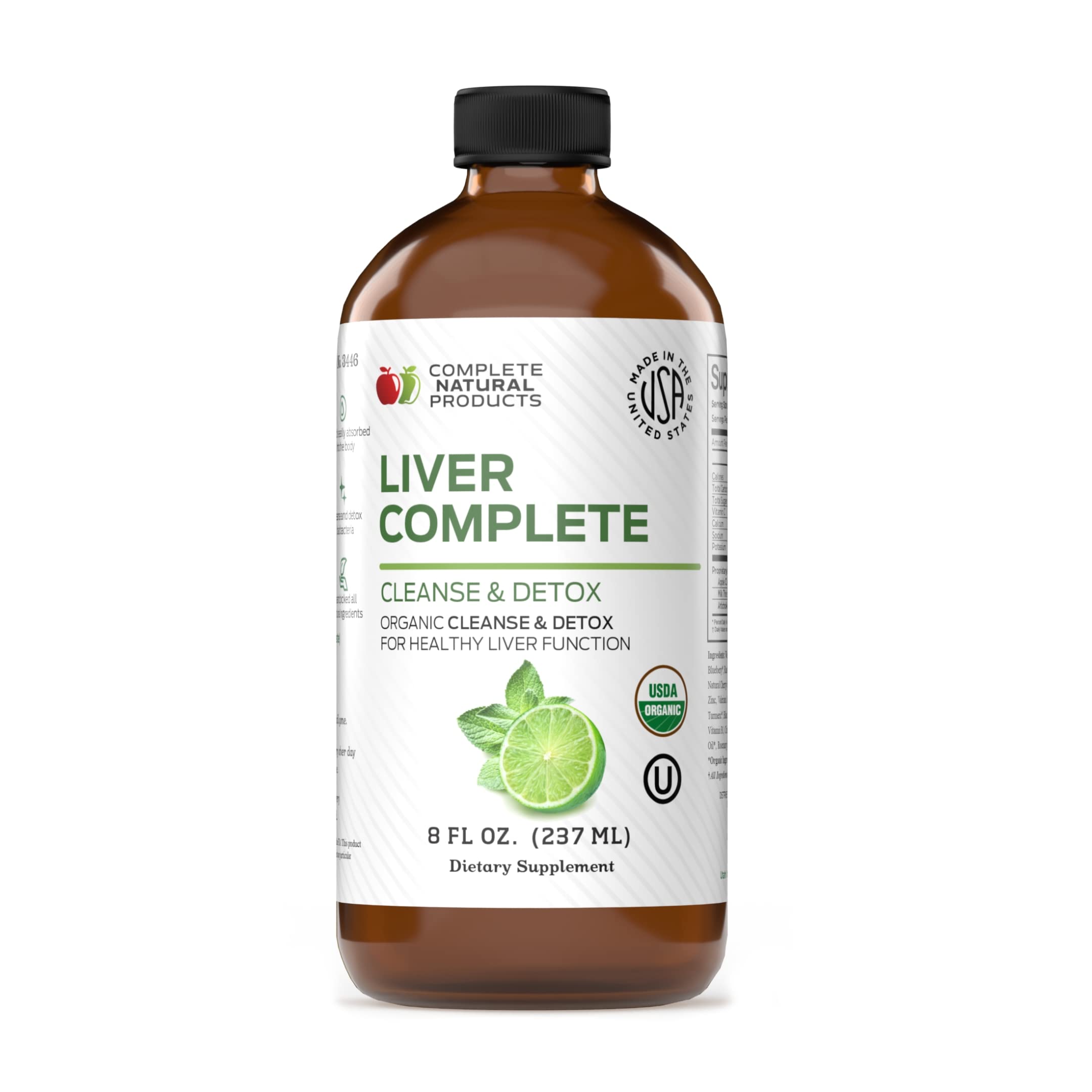 Complete Natural Products frente de botella de Liver Complete Liquid mostrando tamaño