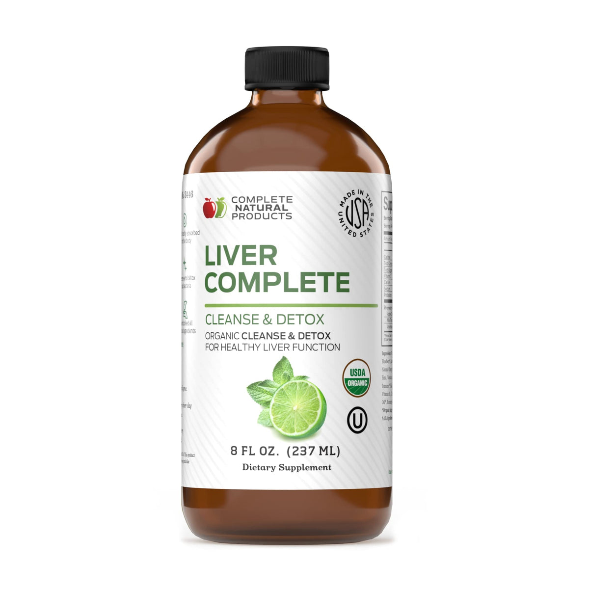 Complete Natural Products frente de botella de Liver Complete Liquid mostrando tamaño