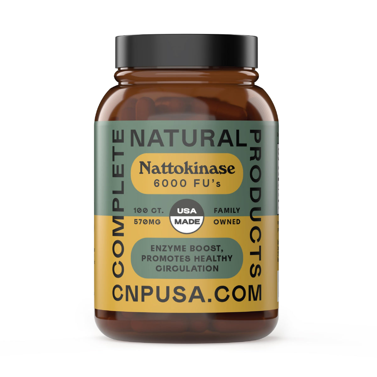 Complete Natural Products frasco frontal mostrando nattokinase y ventaja de pureza