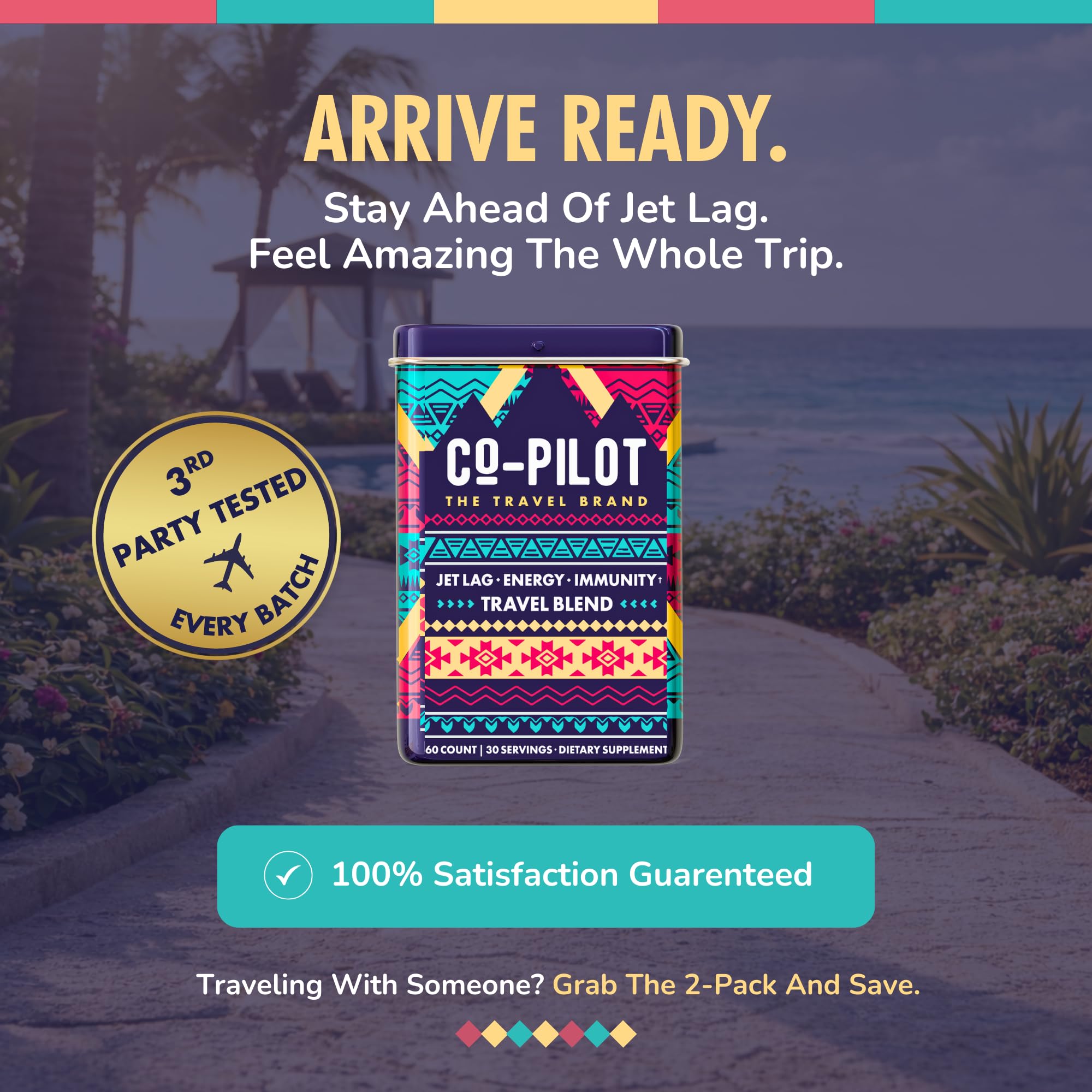 Co-Pilot The Travel Brand lata reutilizable abierta mostrando 60 cápsulas